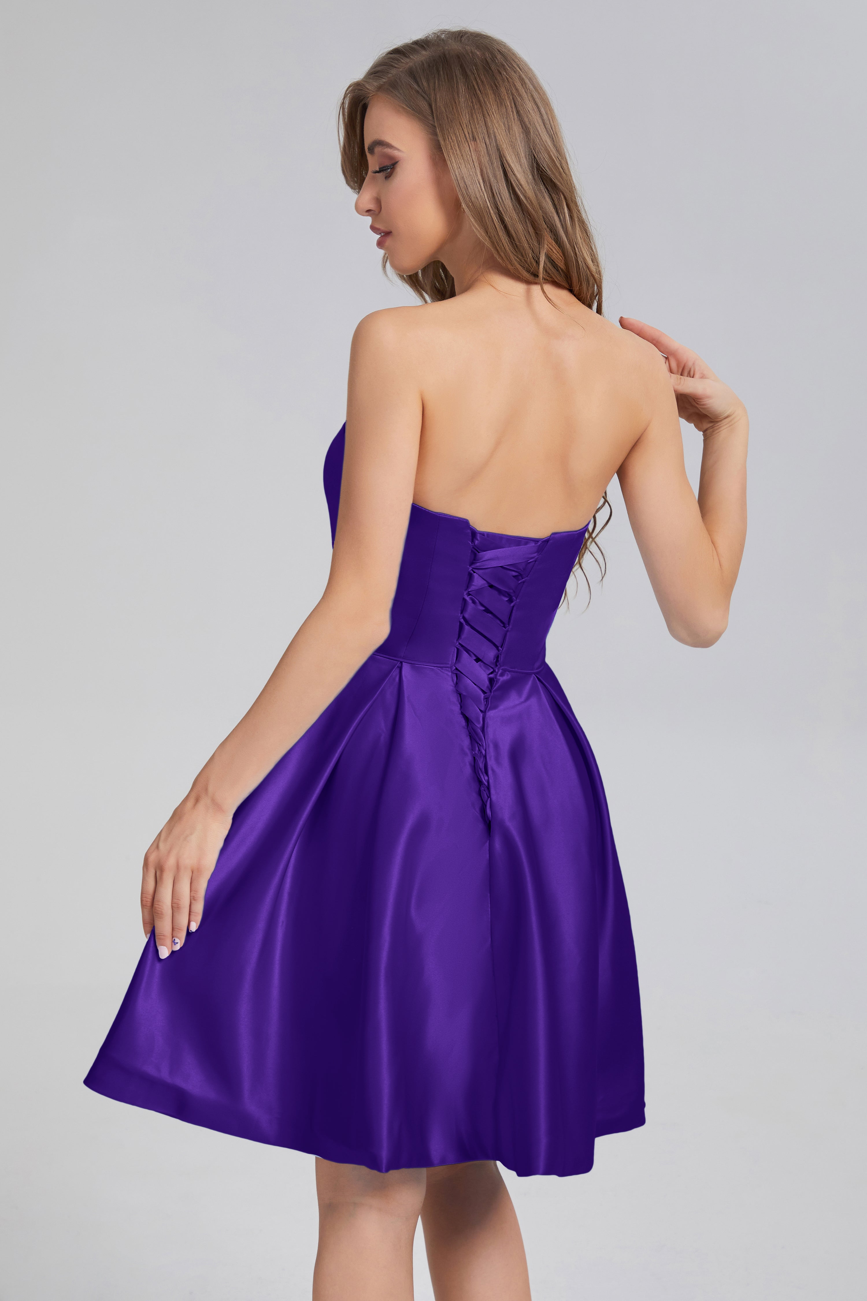 Strapless Lace up Short Prom Dresses with Pocket