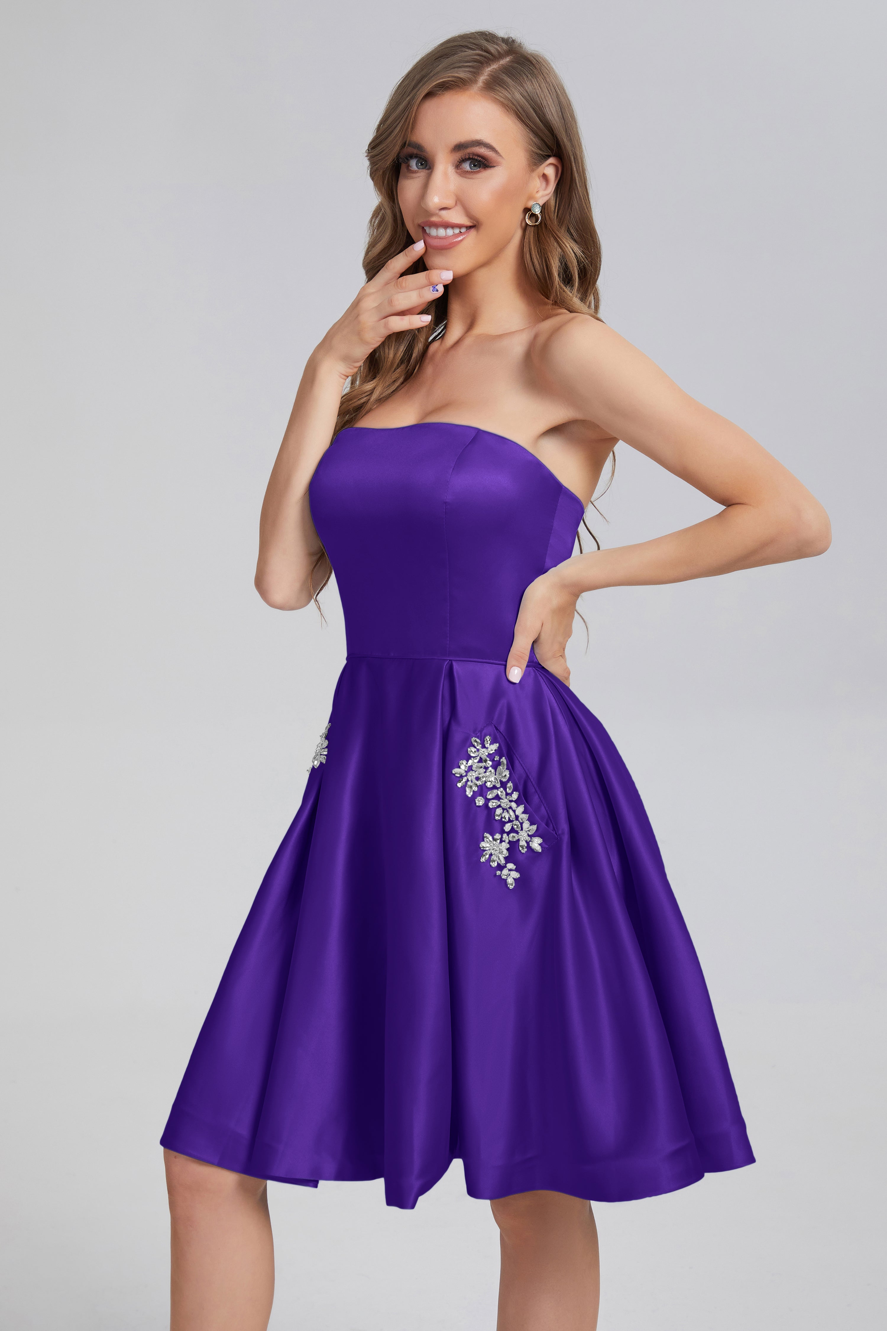 Strapless Lace up Short Prom Dresses with Pocket