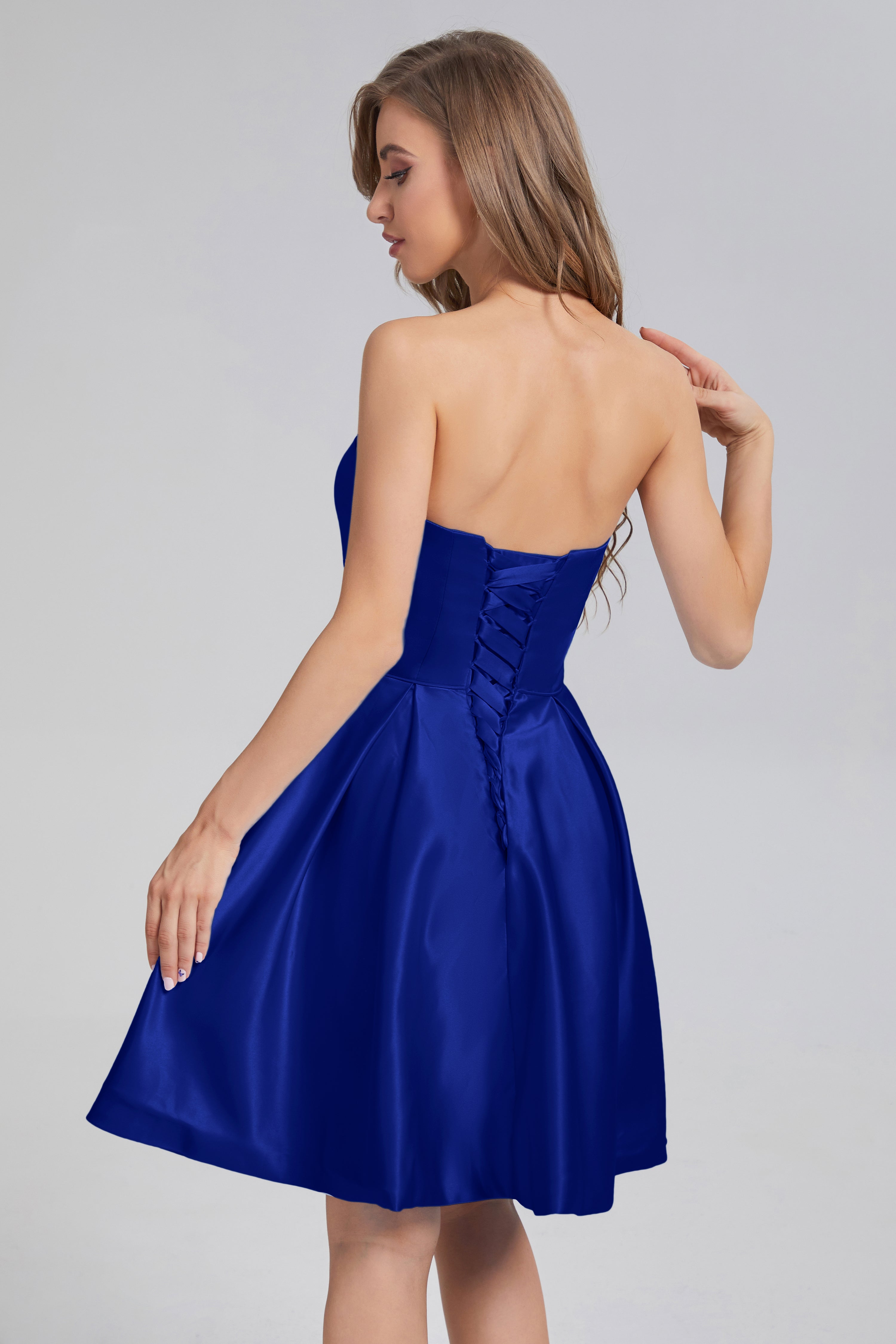 Strapless Lace up Short Prom Dresses with Pocket