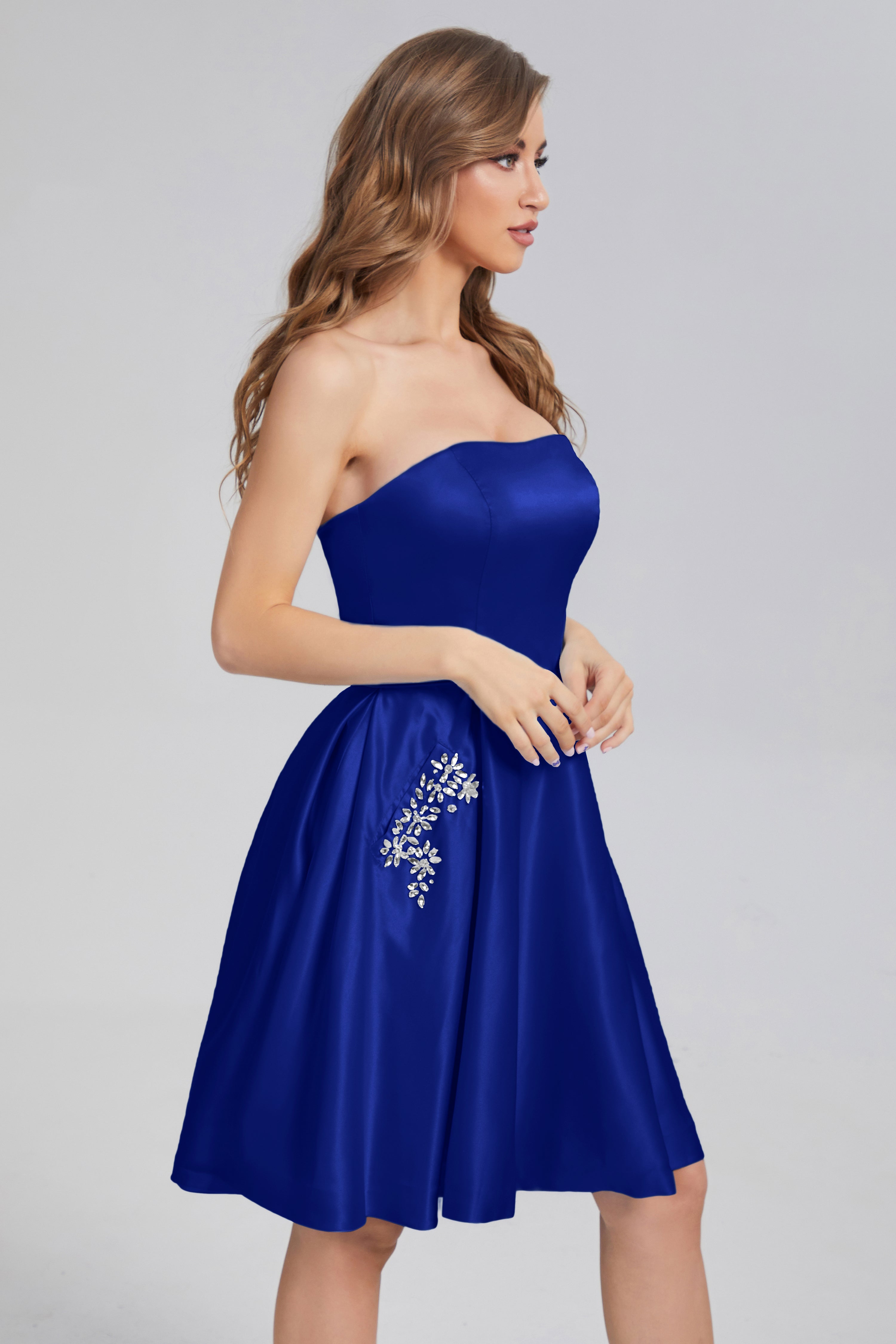 Strapless Lace up Short Prom Dresses with Pocket