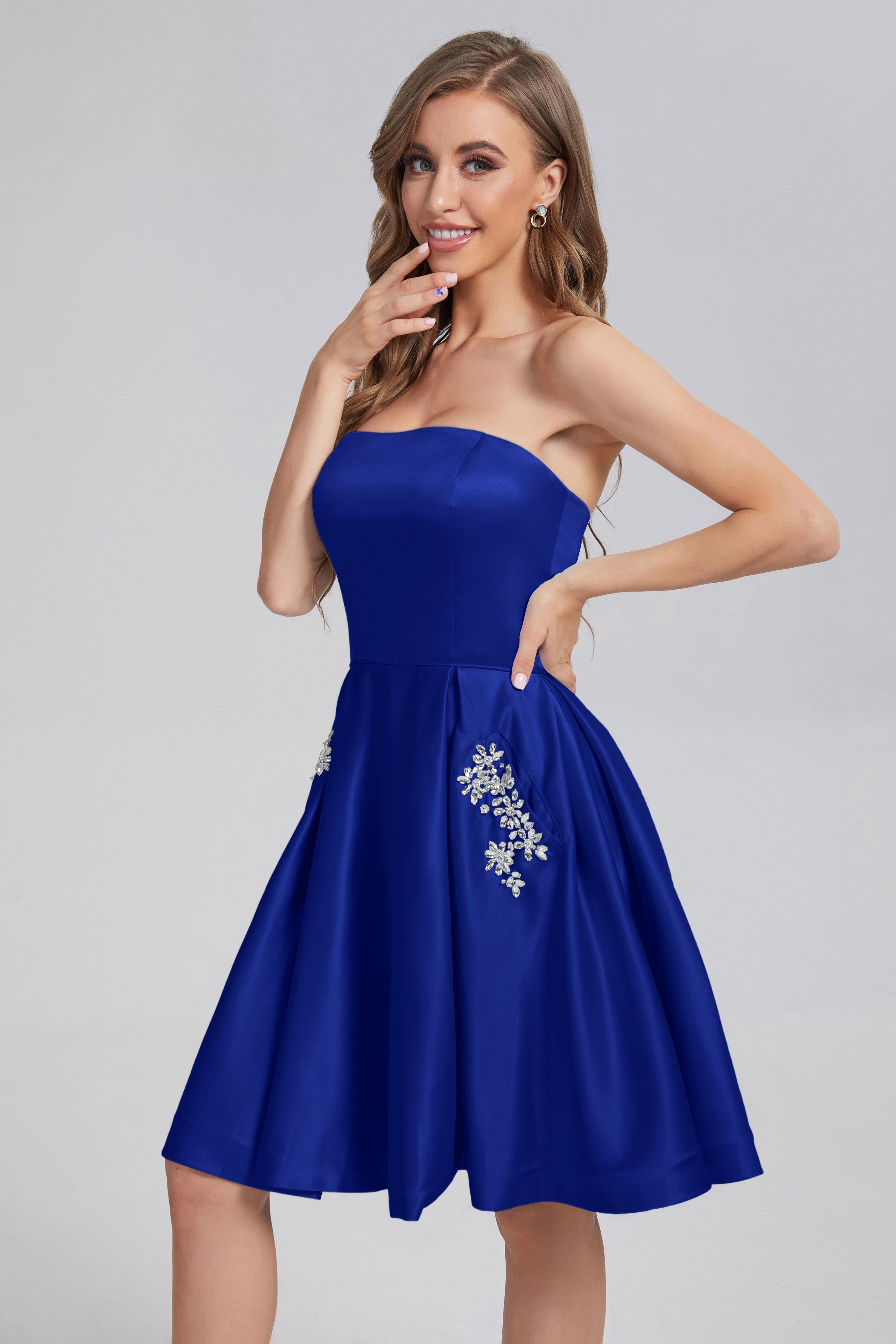 Strapless Lace up Short Prom Dresses with Pocket