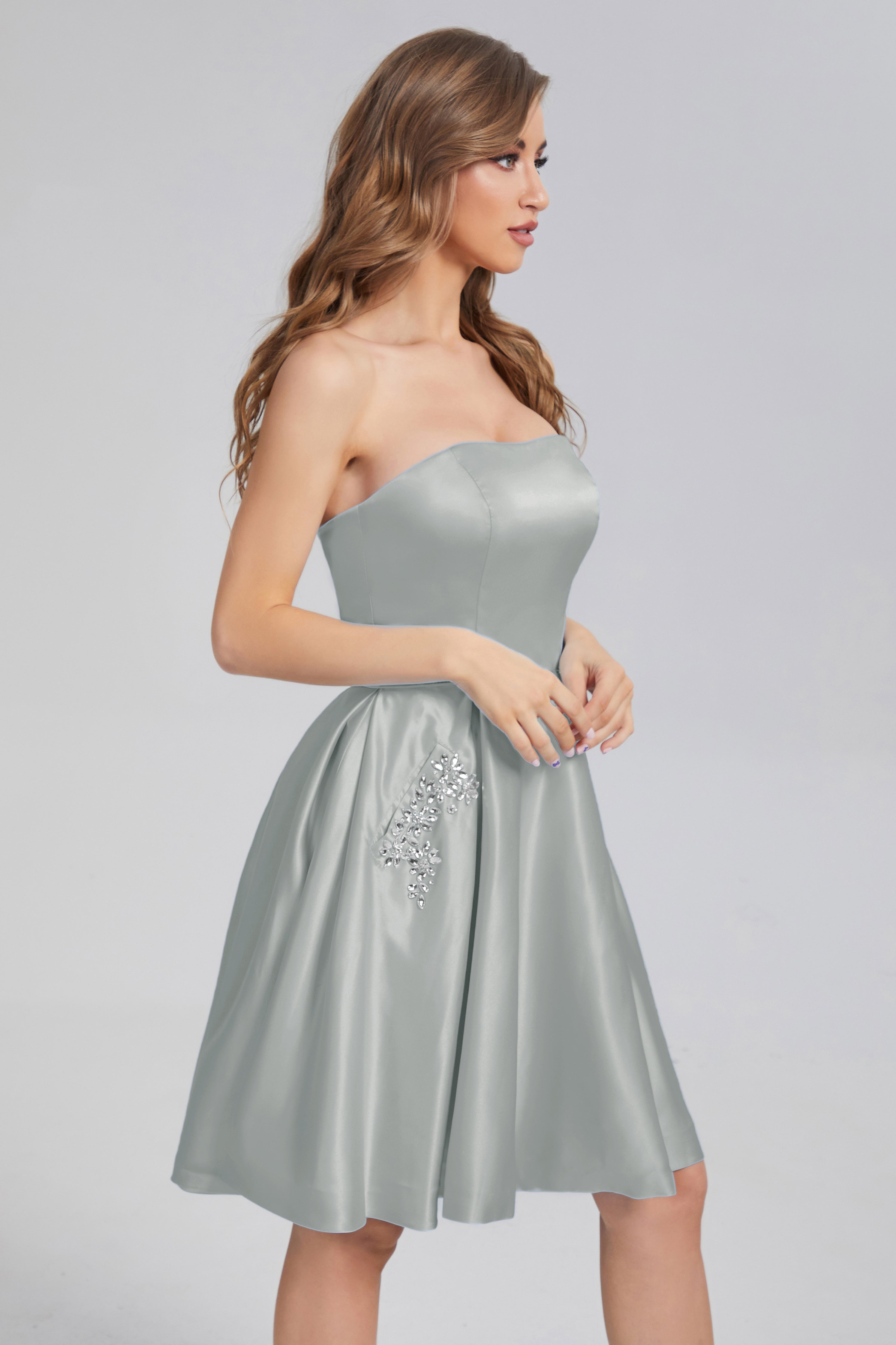 Strapless Lace up Short Prom Dresses with Pocket