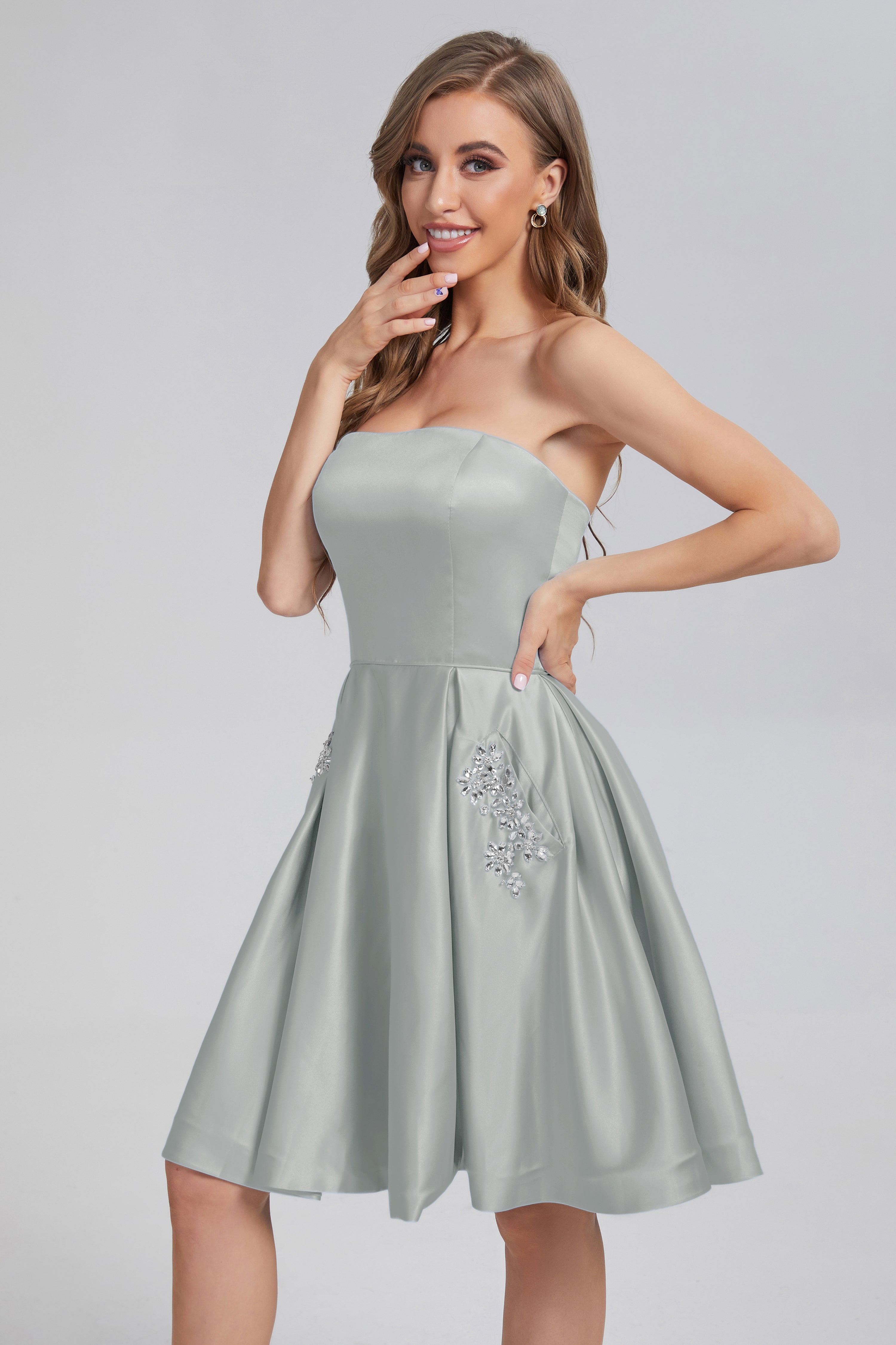 Strapless Lace up Short Prom Dresses with Pocket