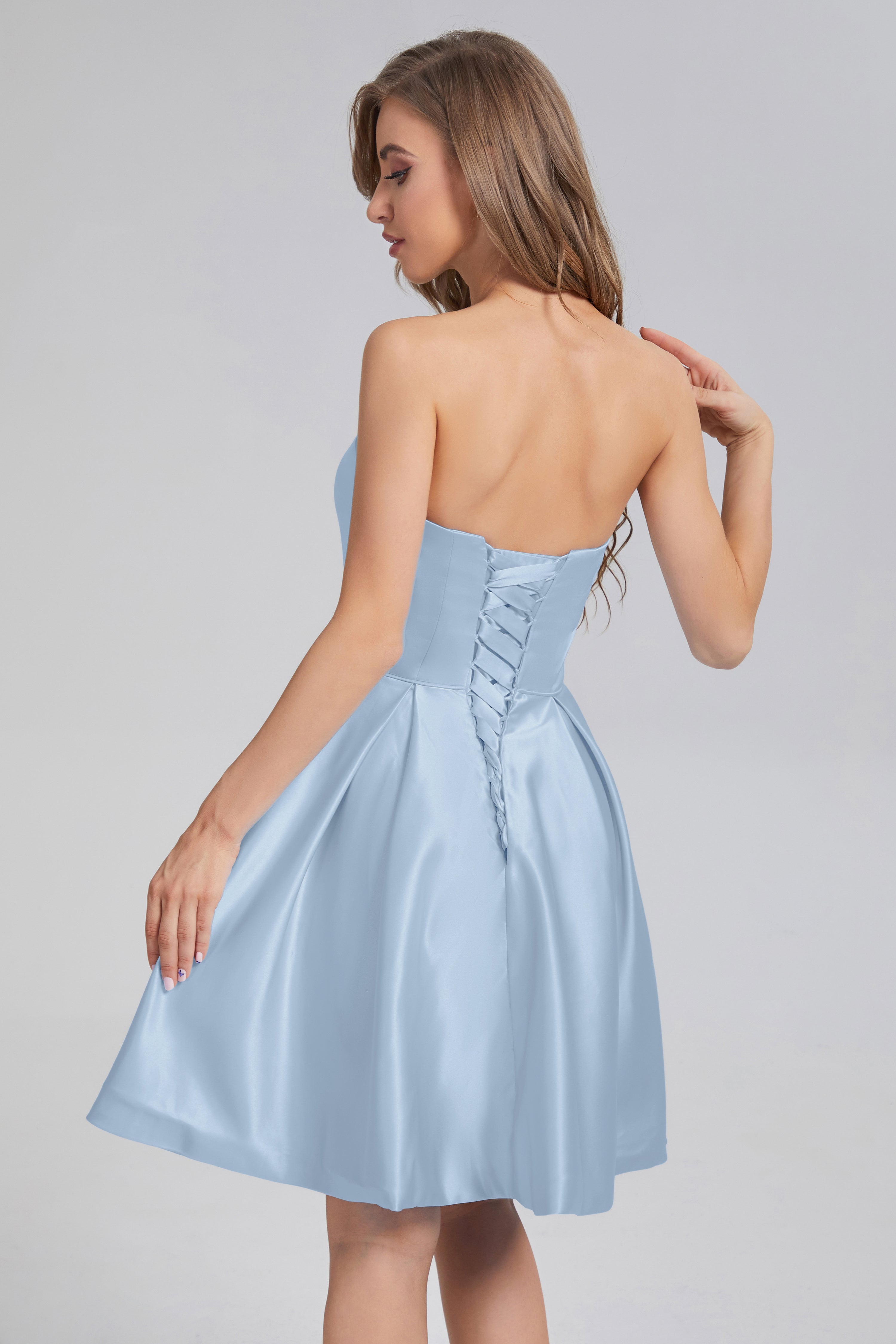 Strapless Lace up Short Prom Dresses with Pocket