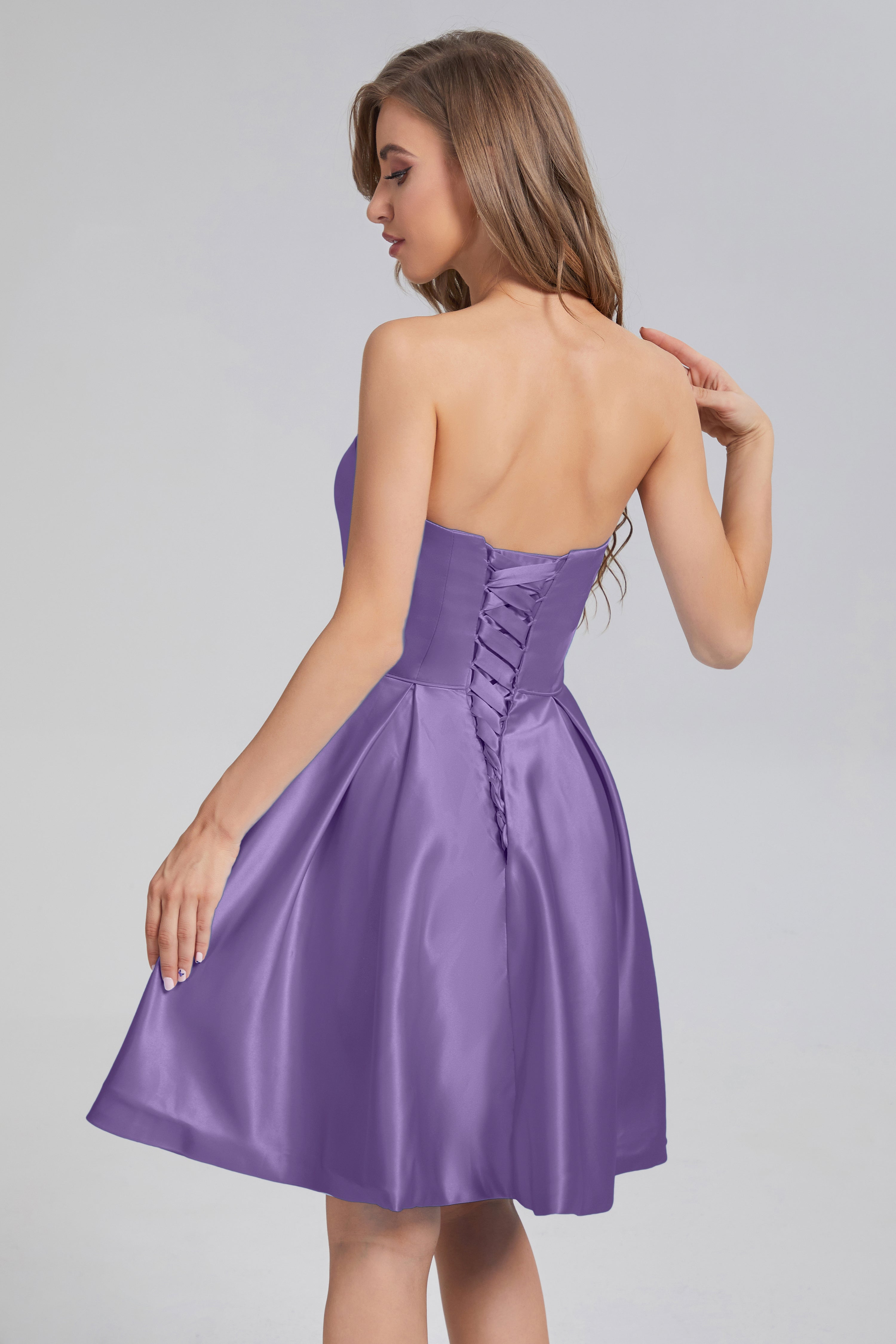 Strapless Lace up Short Prom Dresses with Pocket