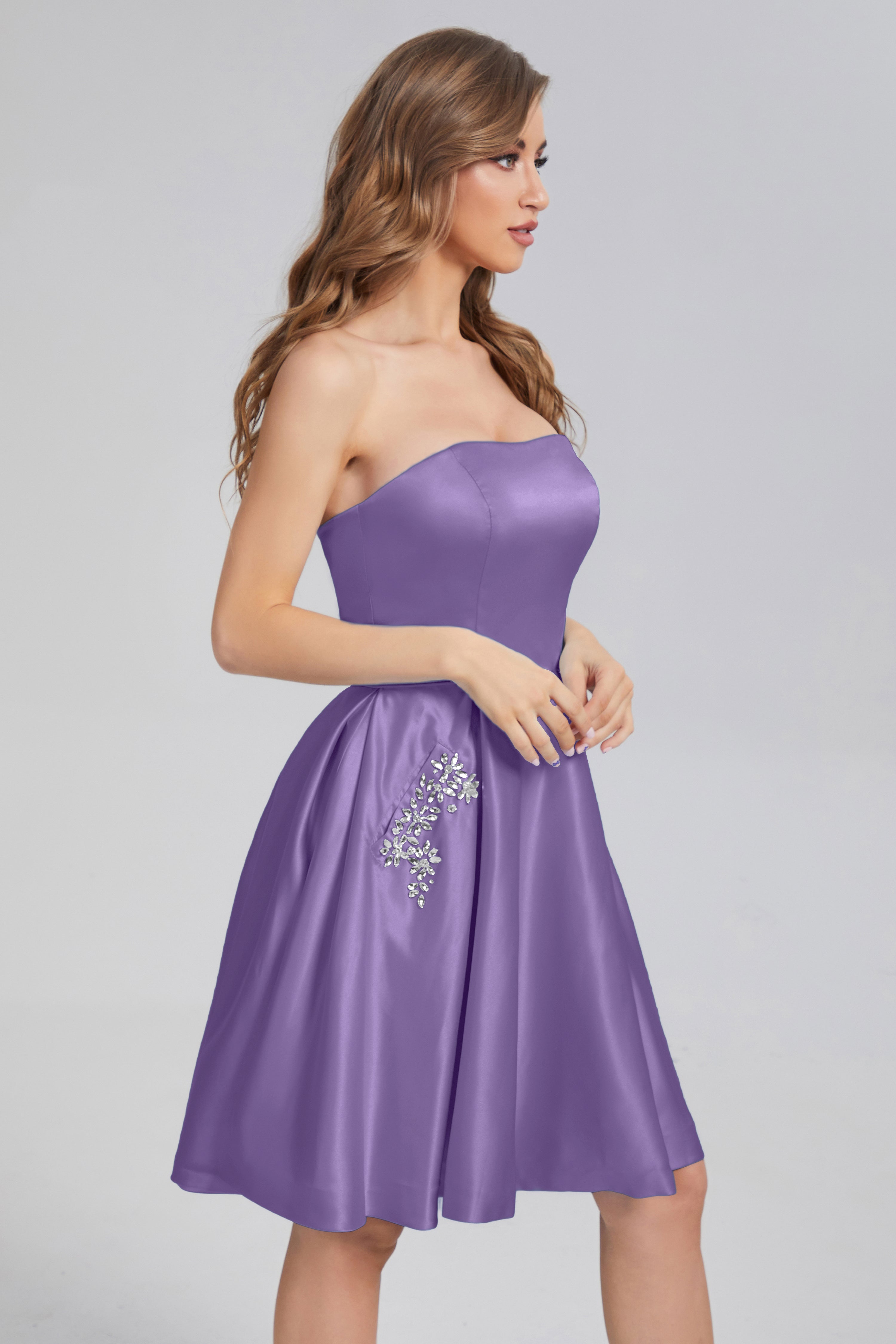 Strapless Lace up Short Prom Dresses with Pocket