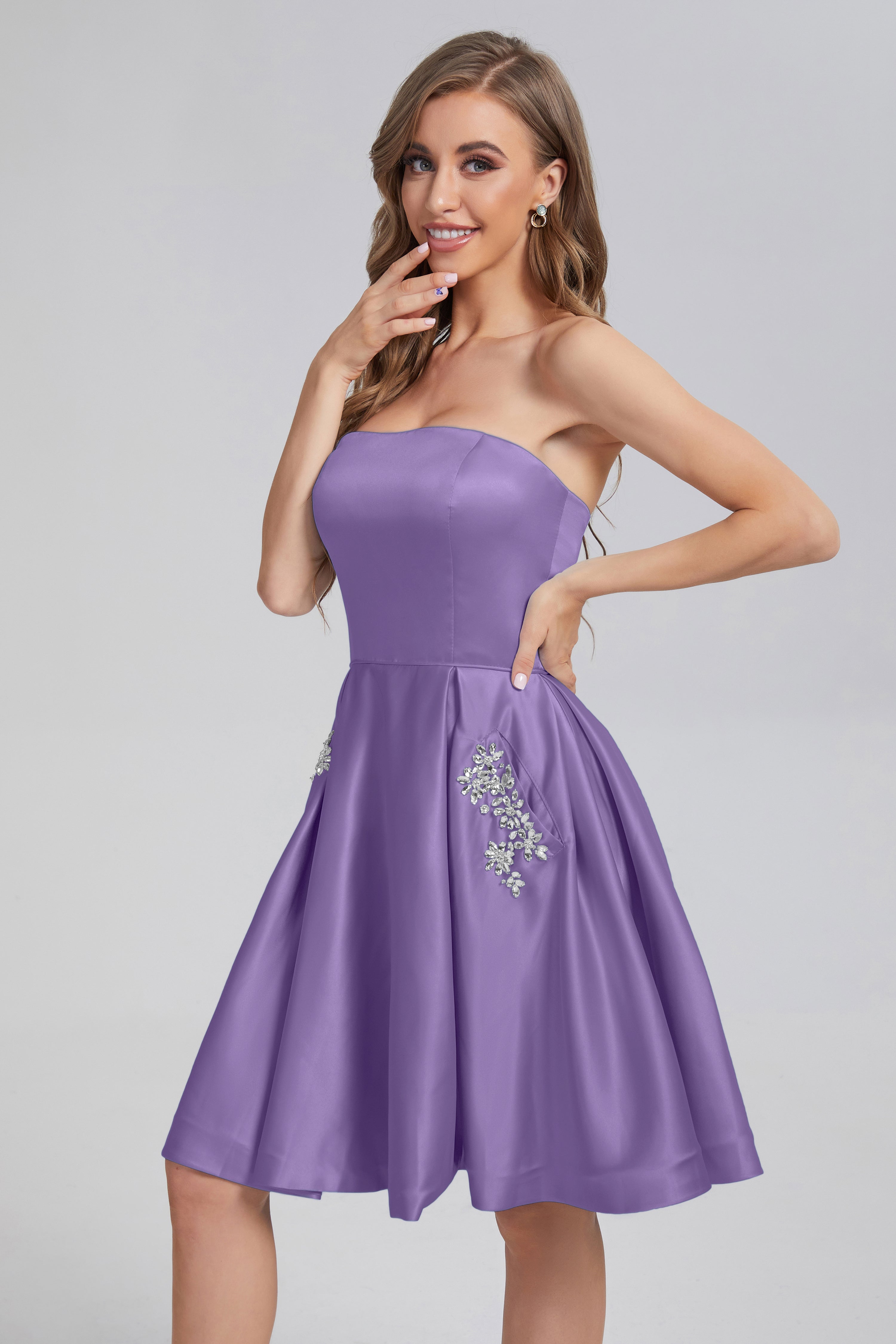 Strapless Lace up Short Prom Dresses with Pocket