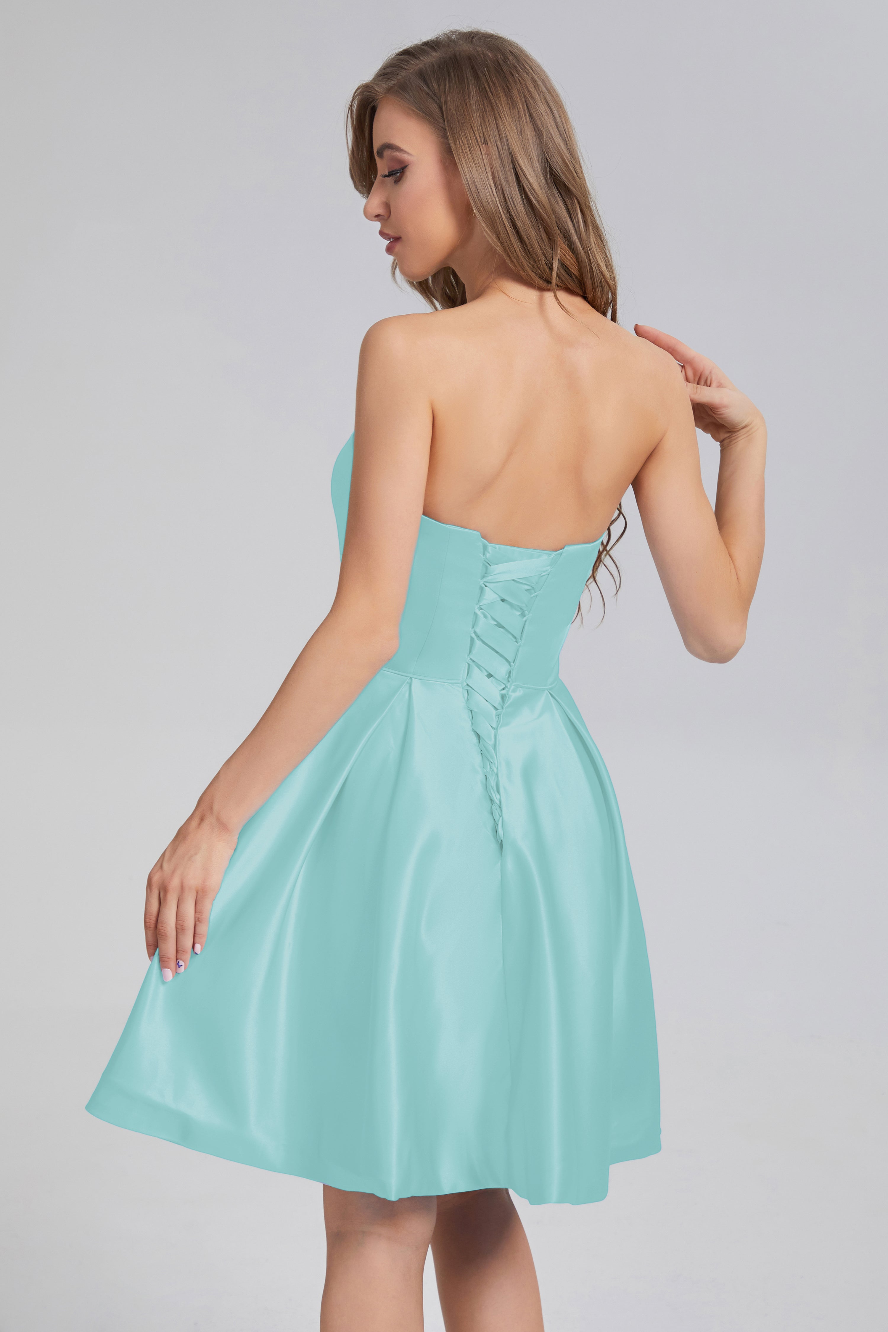 Strapless Lace up Short Prom Dresses with Pocket