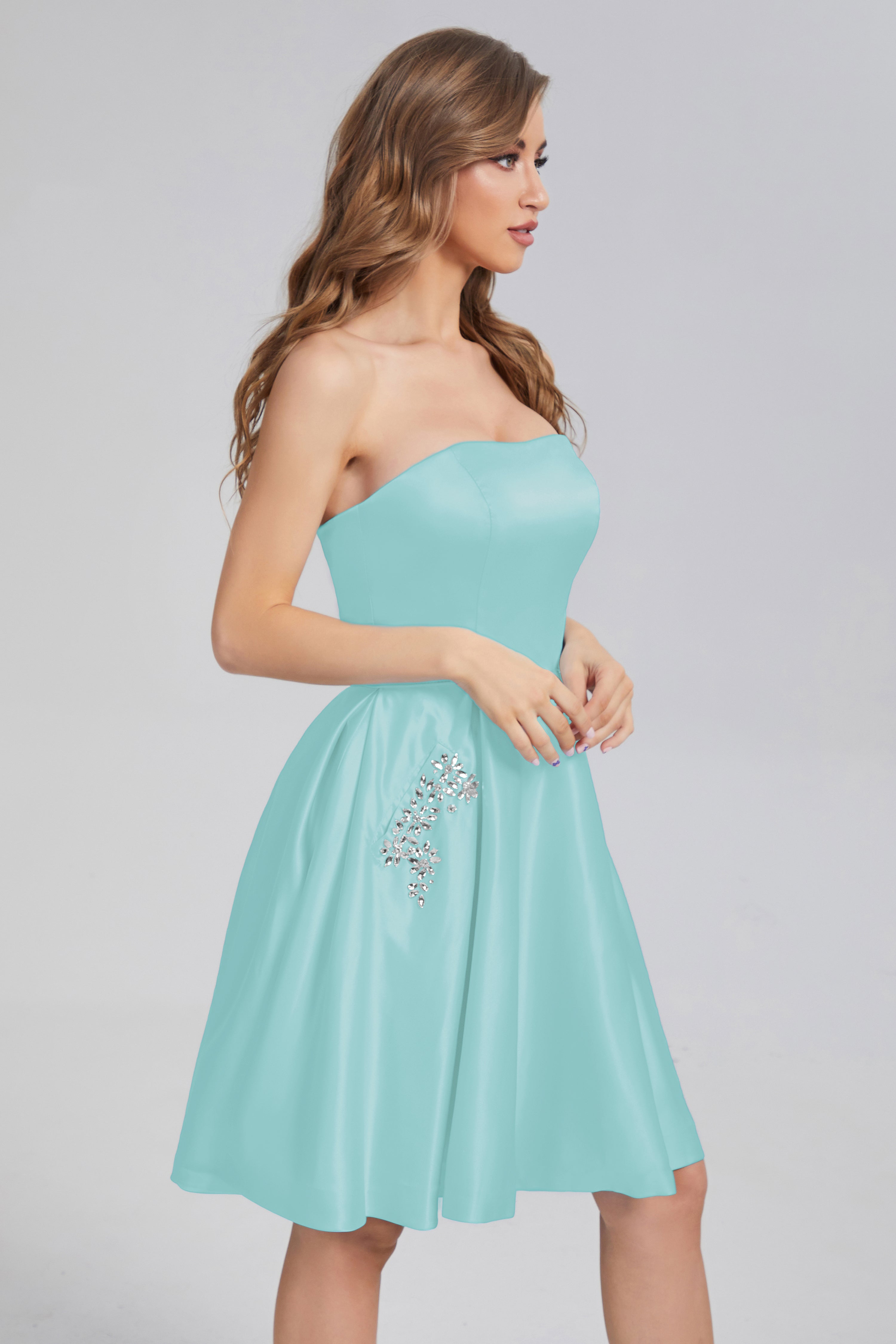 Strapless Lace up Short Prom Dresses with Pocket