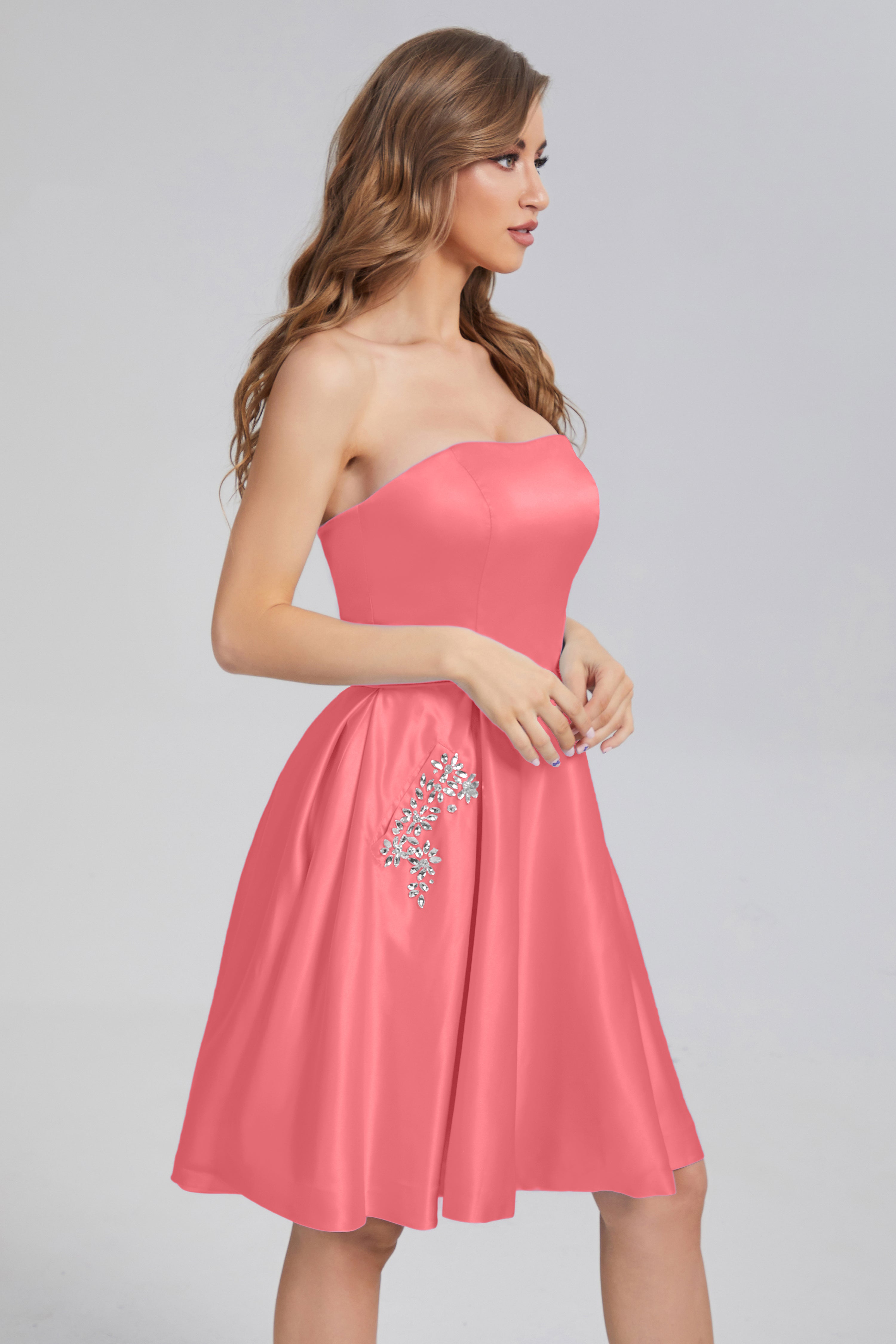 Strapless Lace up Short Prom Dresses with Pocket