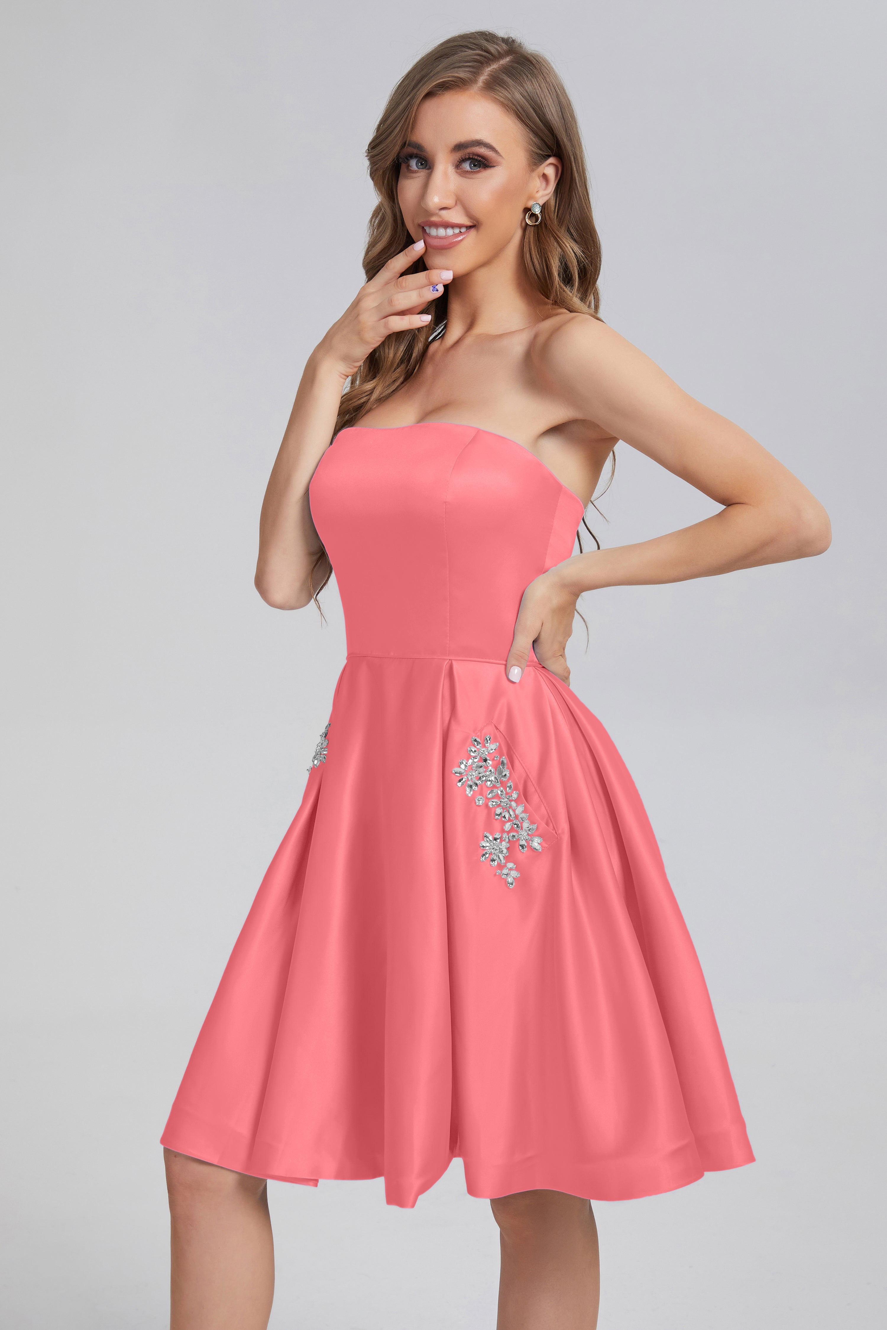 Strapless Lace up Short Prom Dresses with Pocket