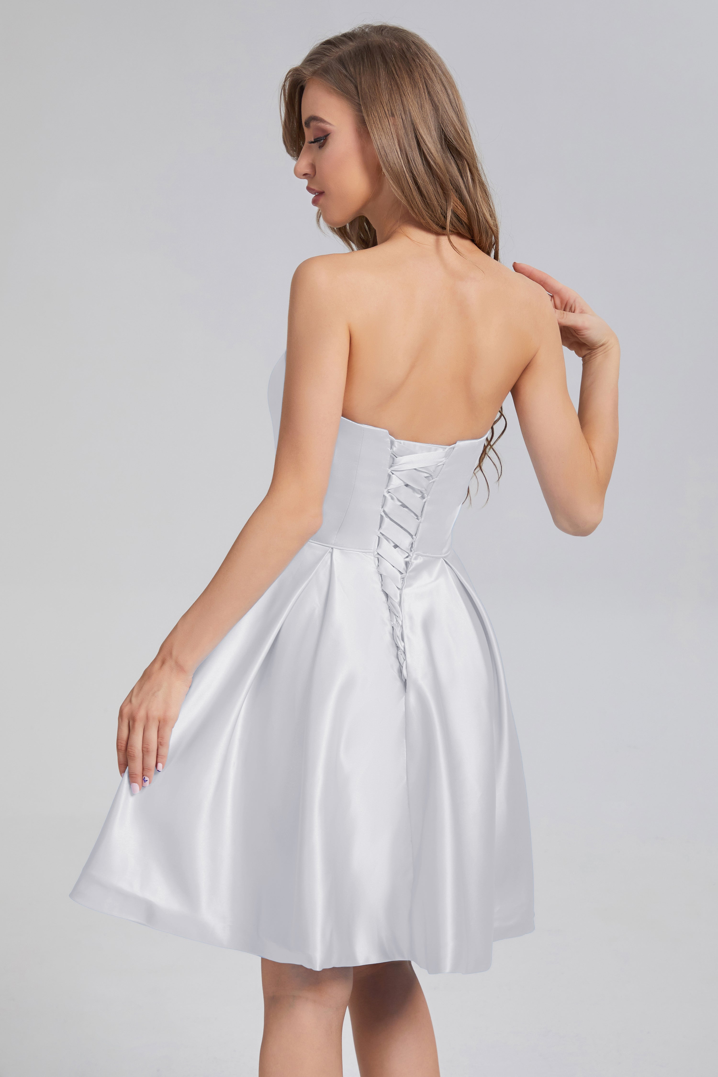 Strapless Lace up Short Prom Dresses with Pocket