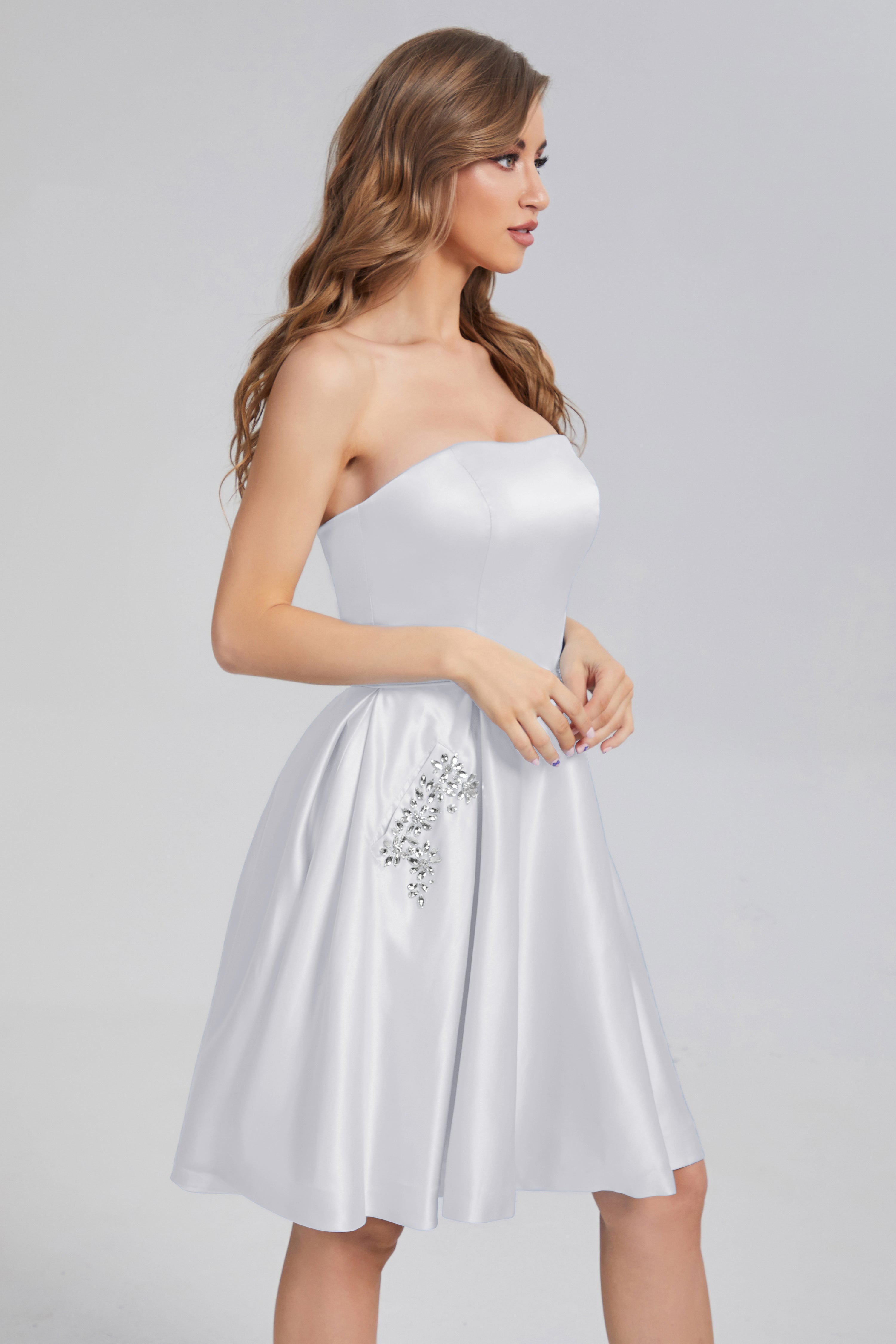 Strapless Lace up Short Prom Dresses with Pocket