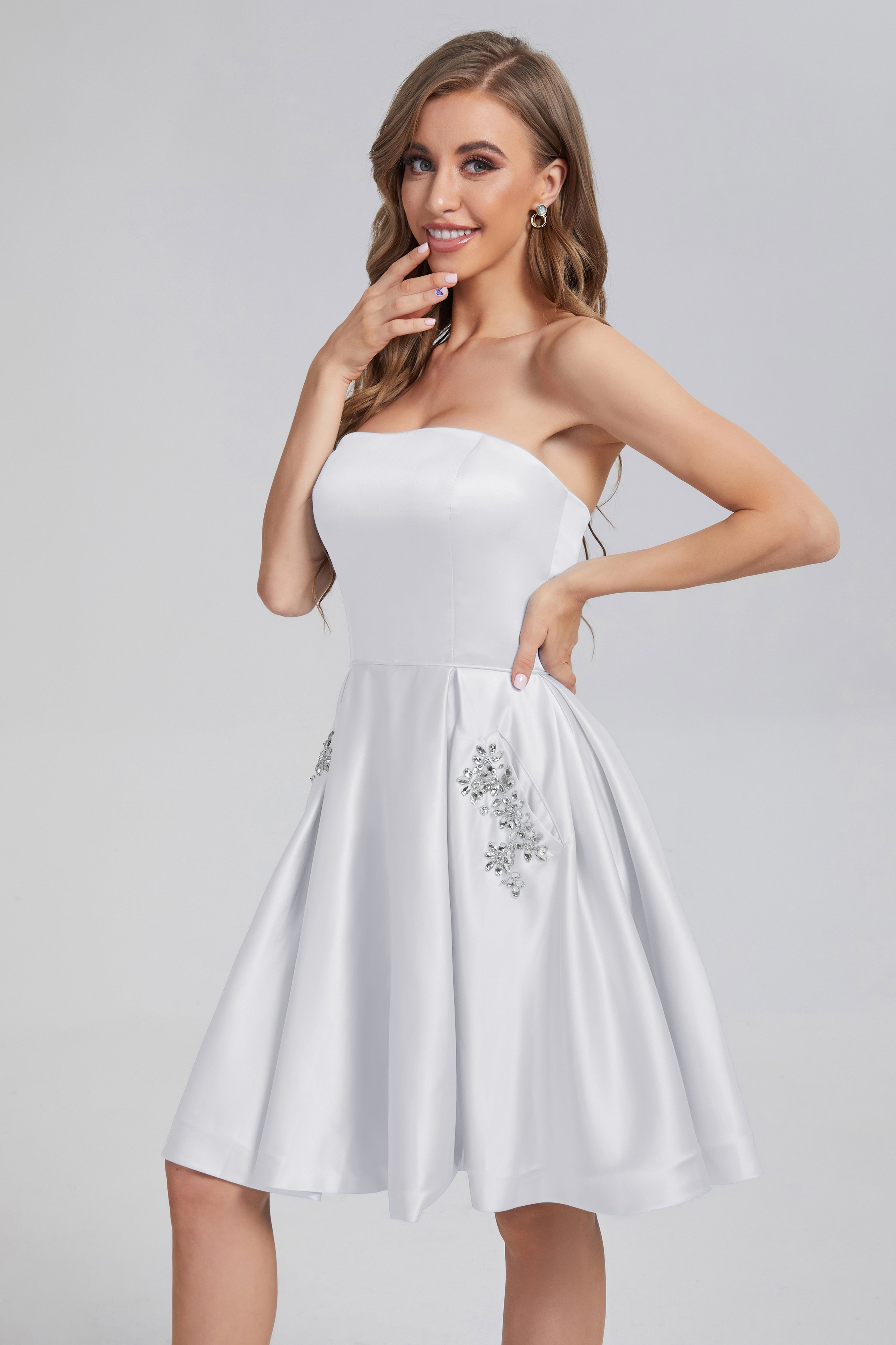 Strapless Lace up Short Prom Dresses with Pocket