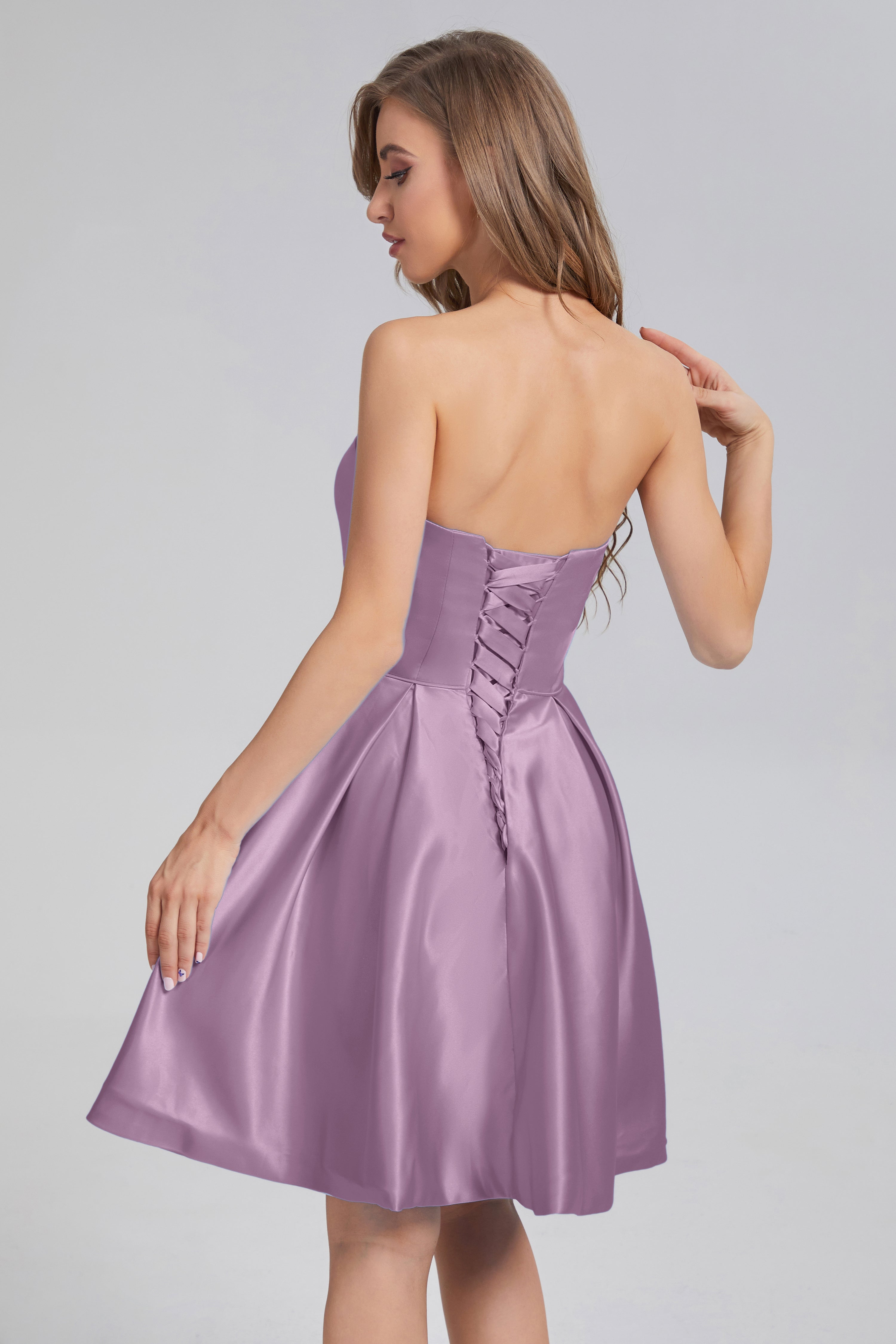 Strapless Lace up Short Prom Dresses with Pocket