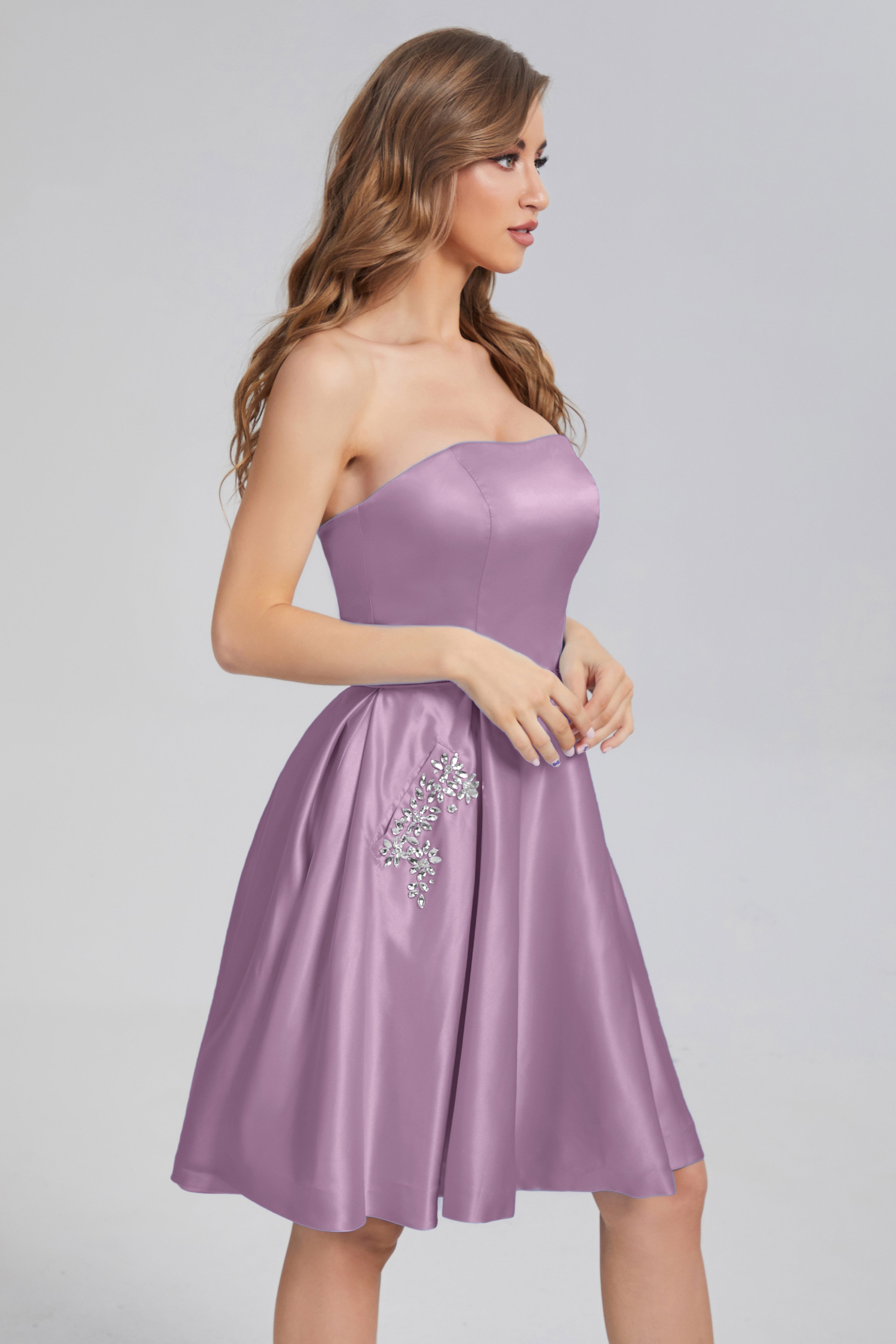 Strapless Lace up Short Prom Dresses with Pocket