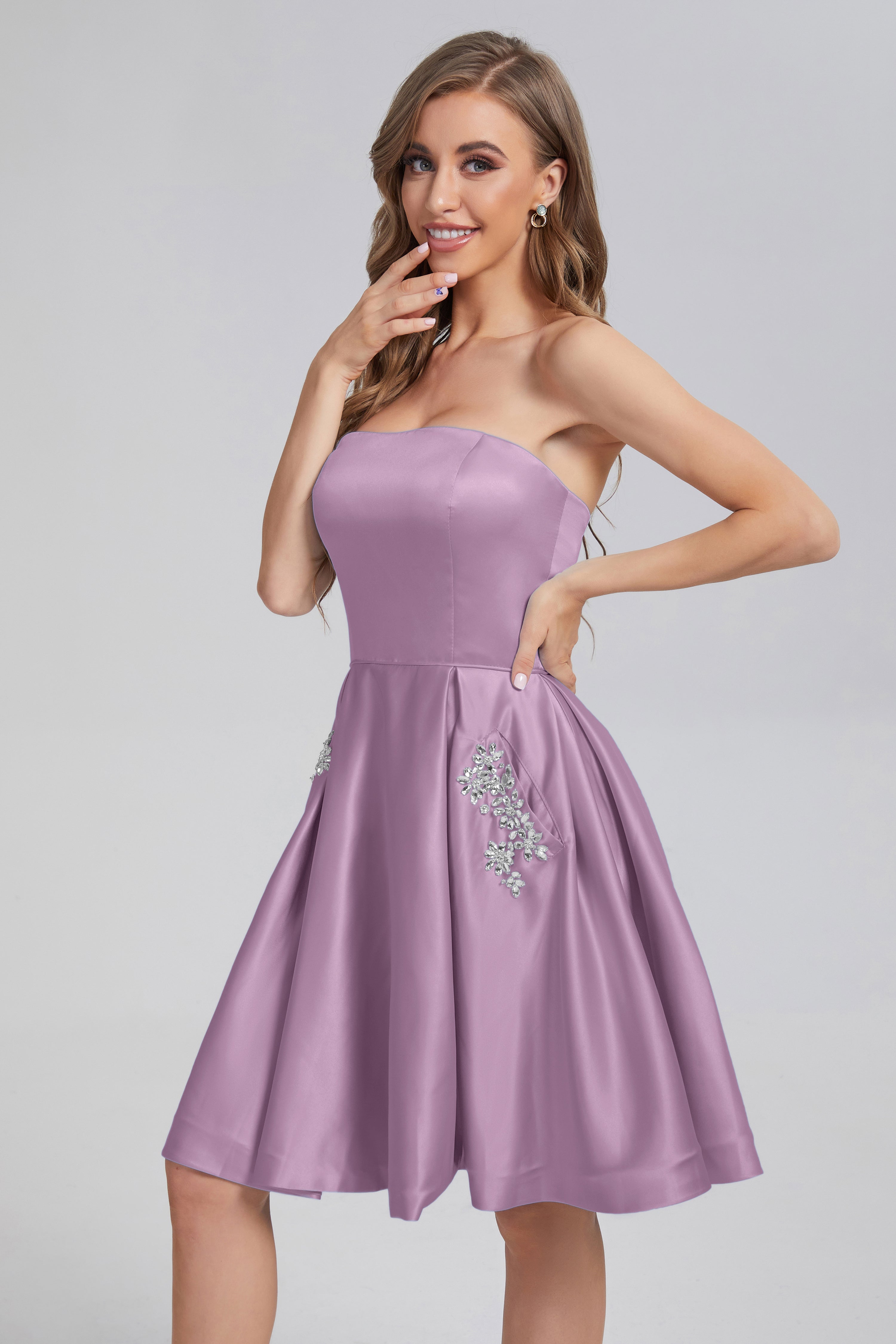 Strapless Lace up Short Prom Dresses with Pocket