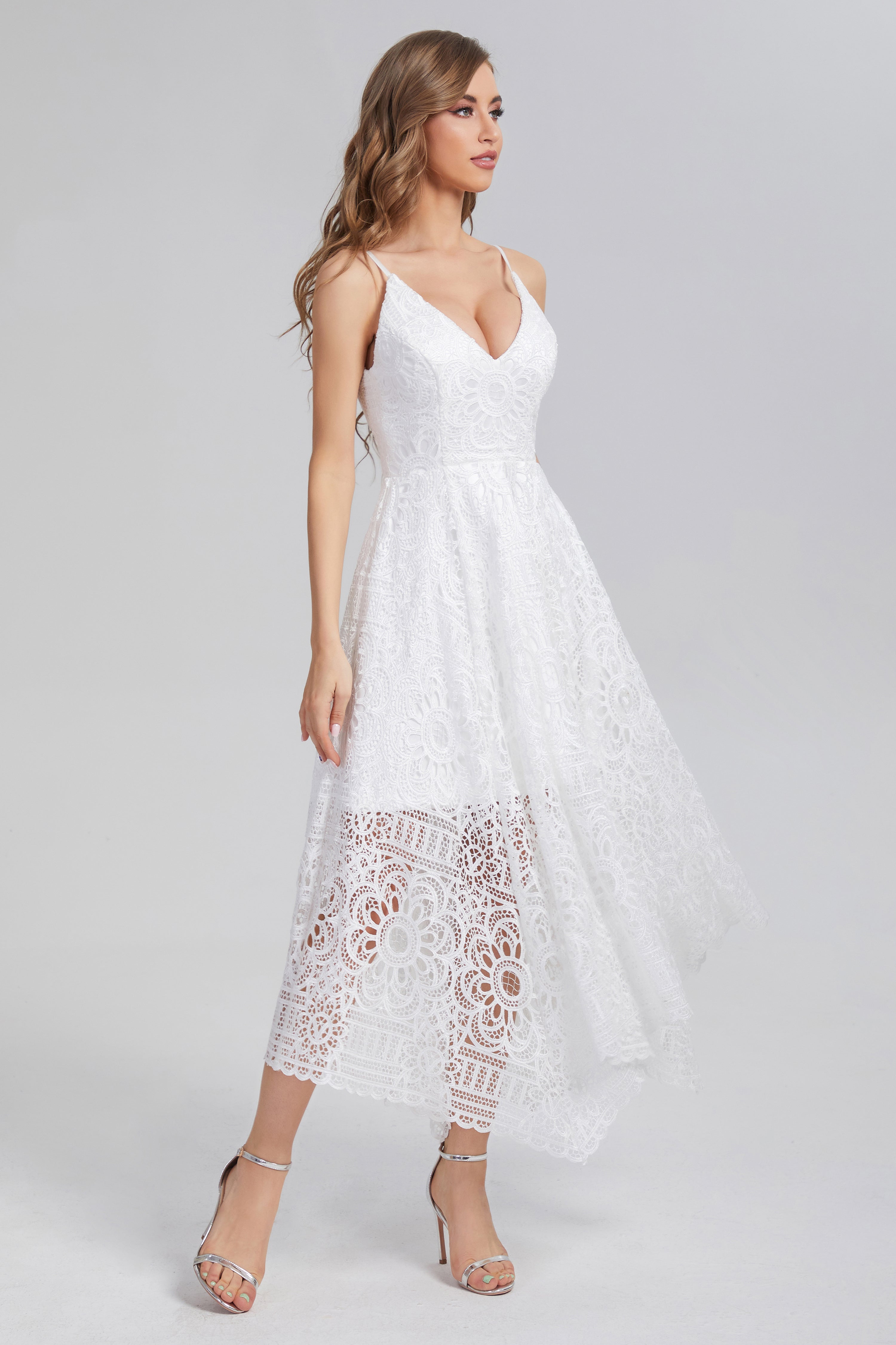 Tea Length Sleeveless Lace Prom Dresses