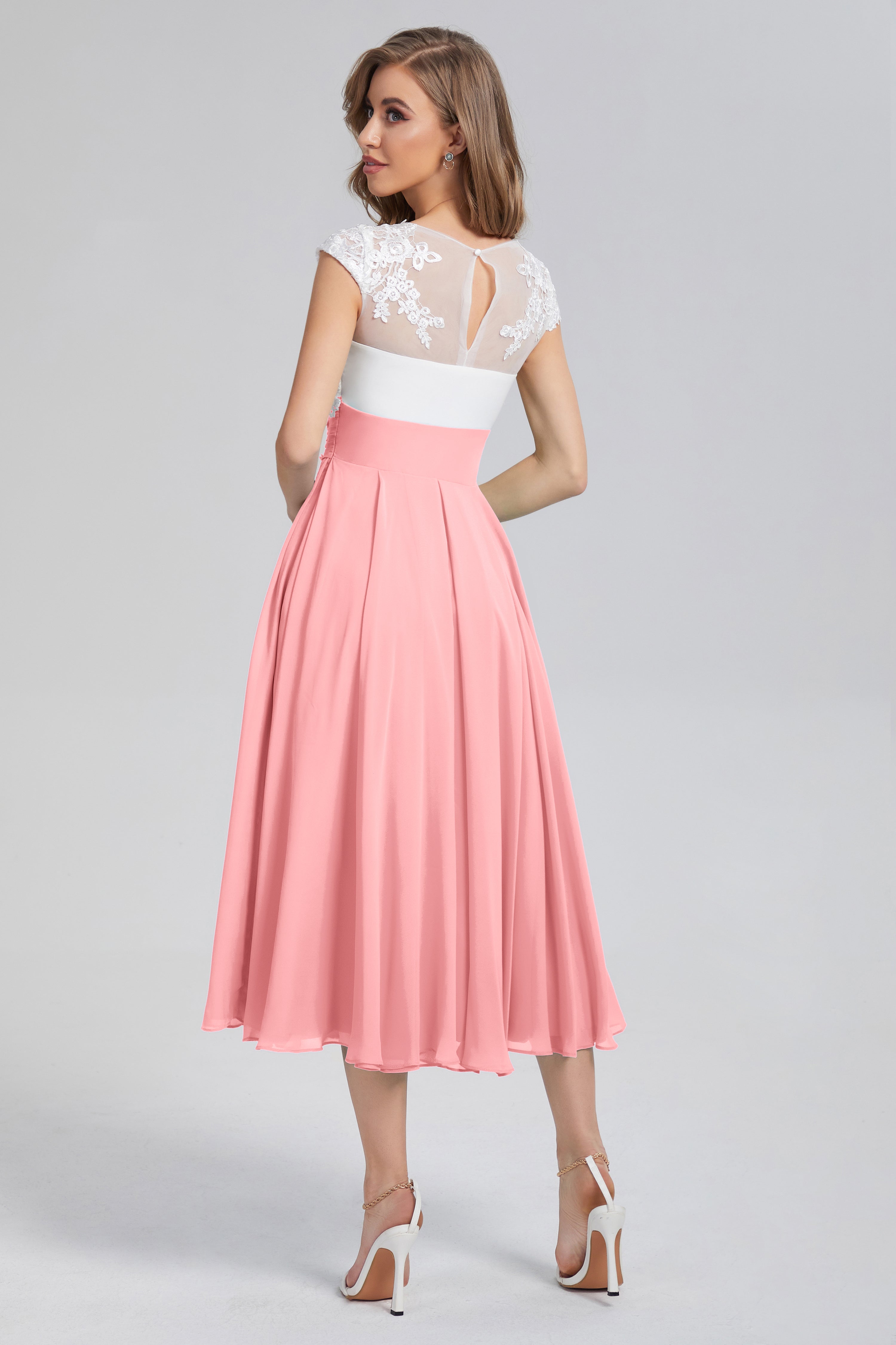 Tea Length V-neck Appliques Prom Dresses