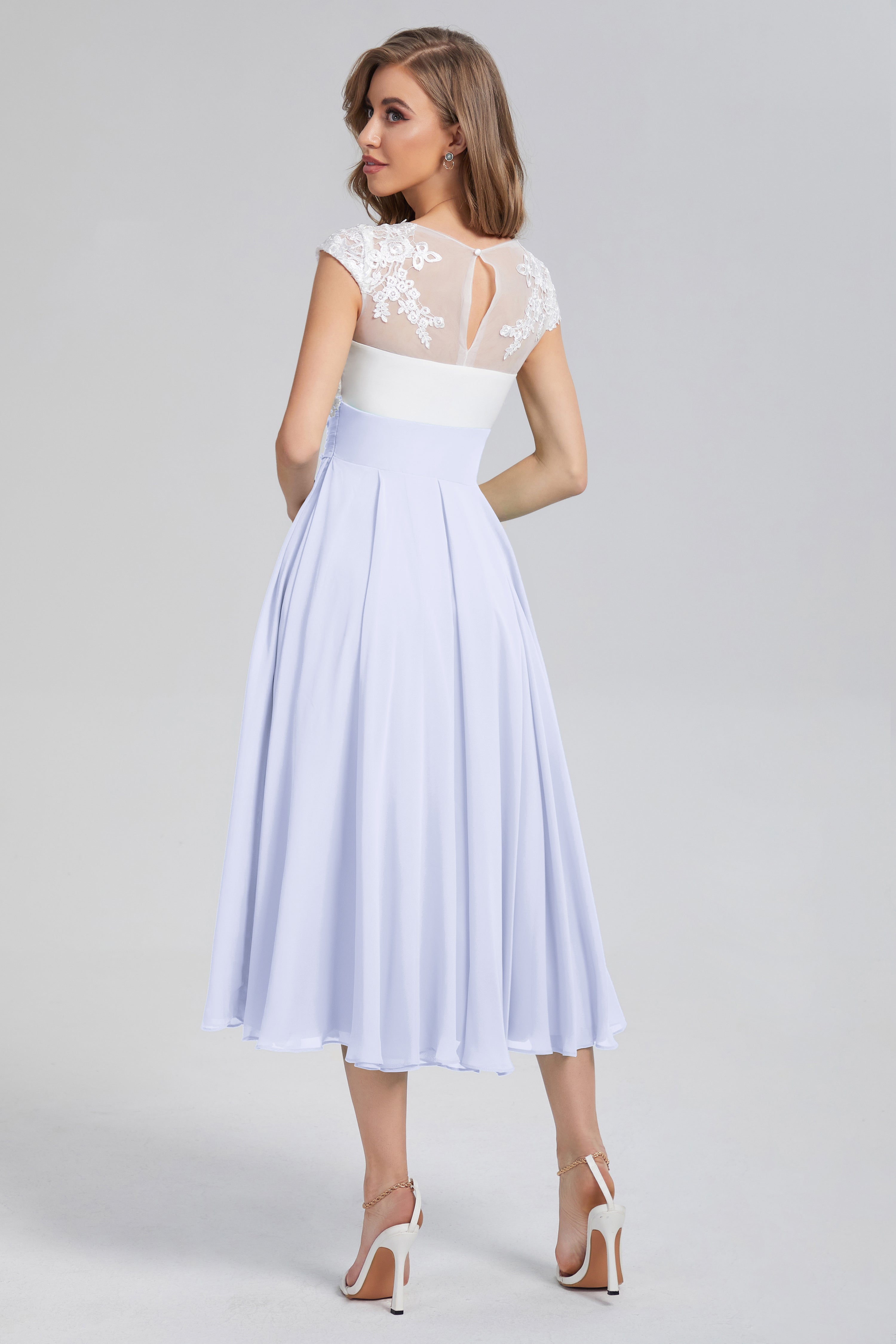 Tea Length V-neck Appliques Prom Dresses