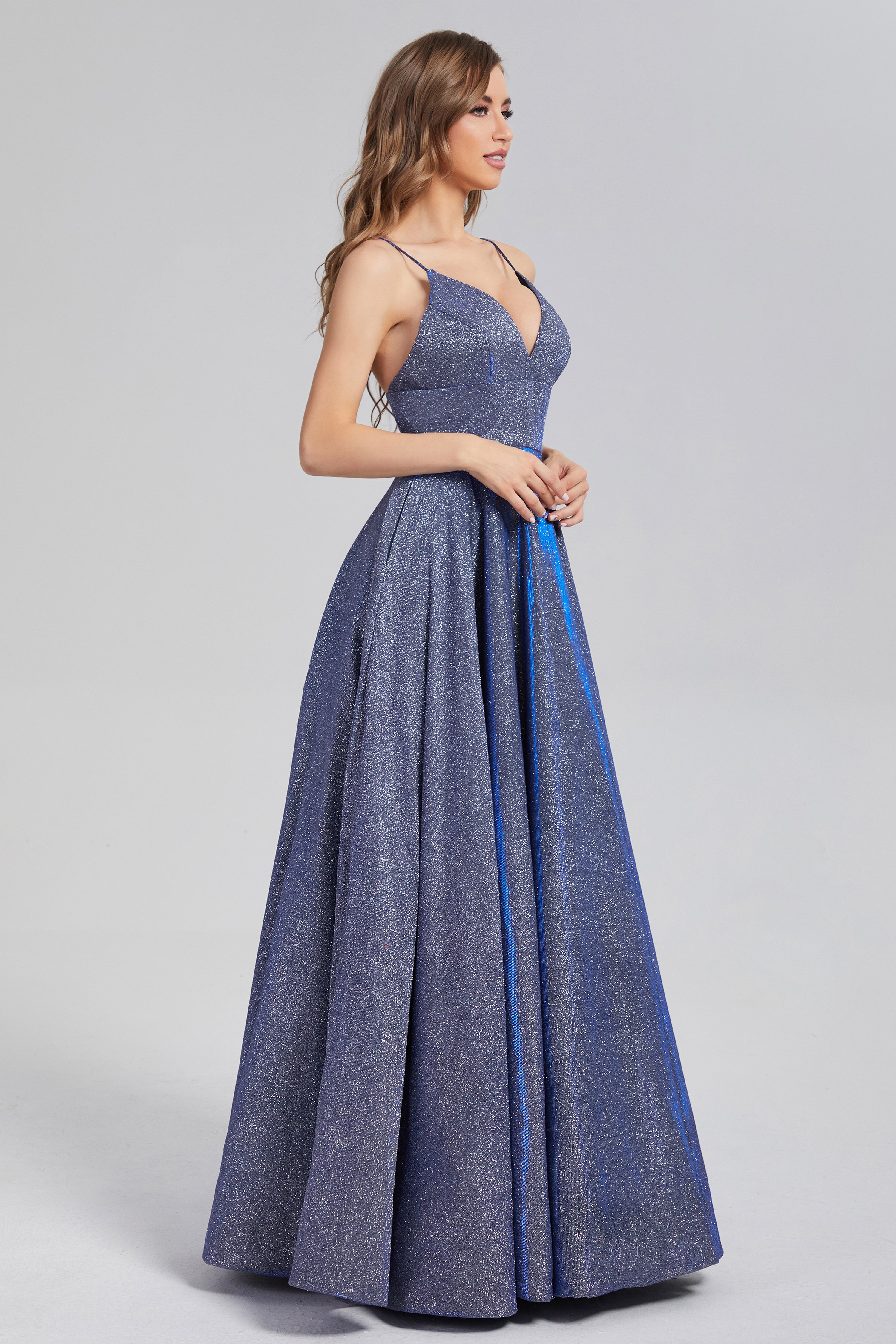 V-neck Sequins Prom Dresses with Pocket