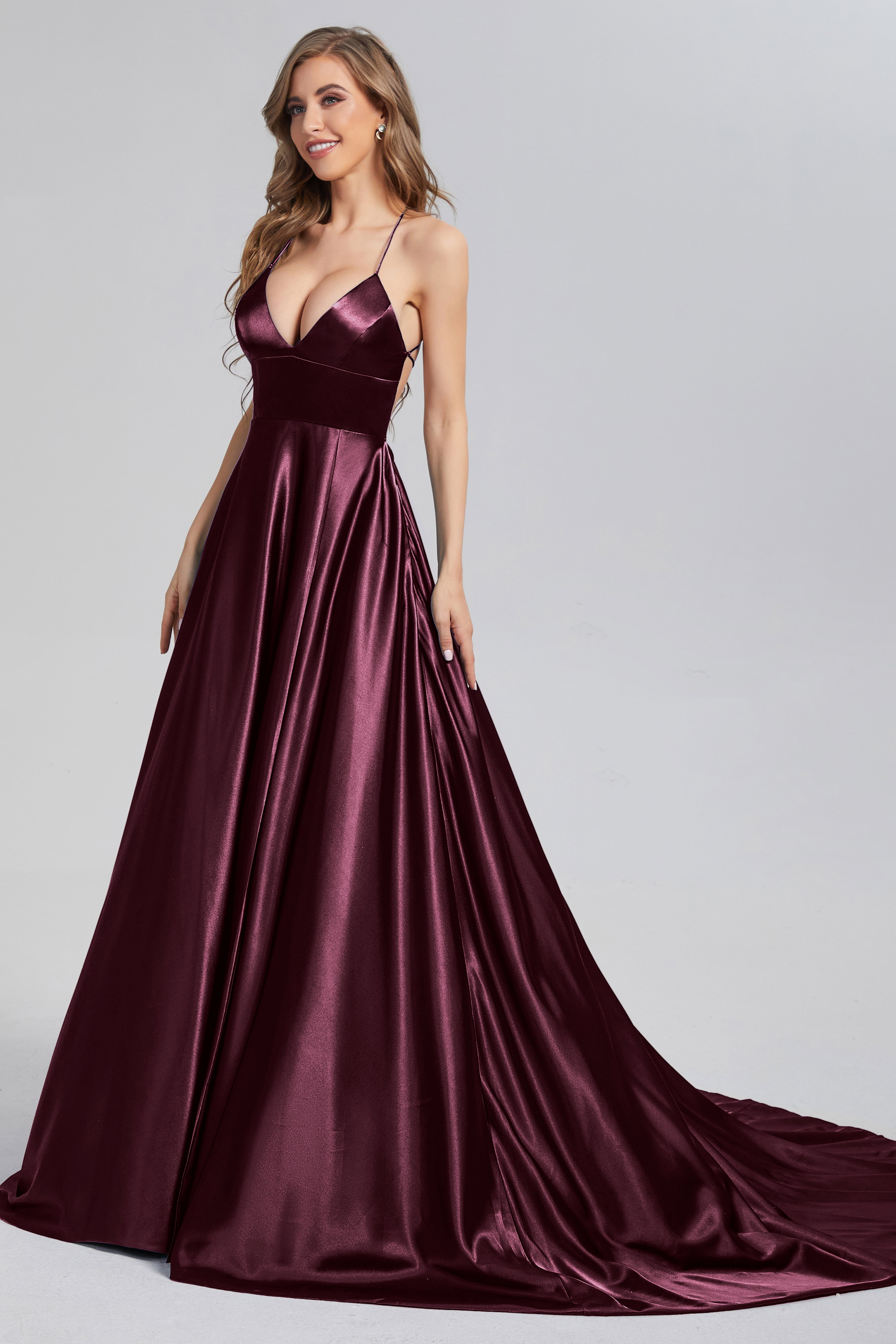 V-neck Split Prom Dresses with Trailing