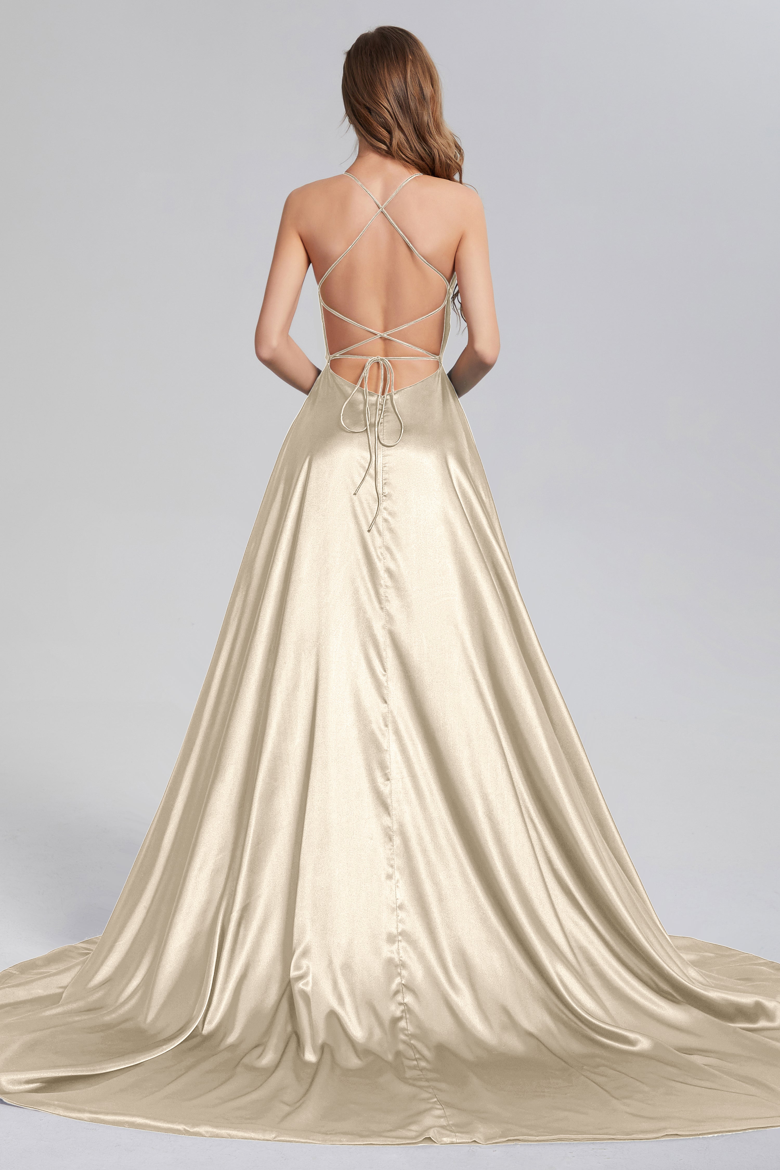 V-neck Split Prom Dresses with Trailing