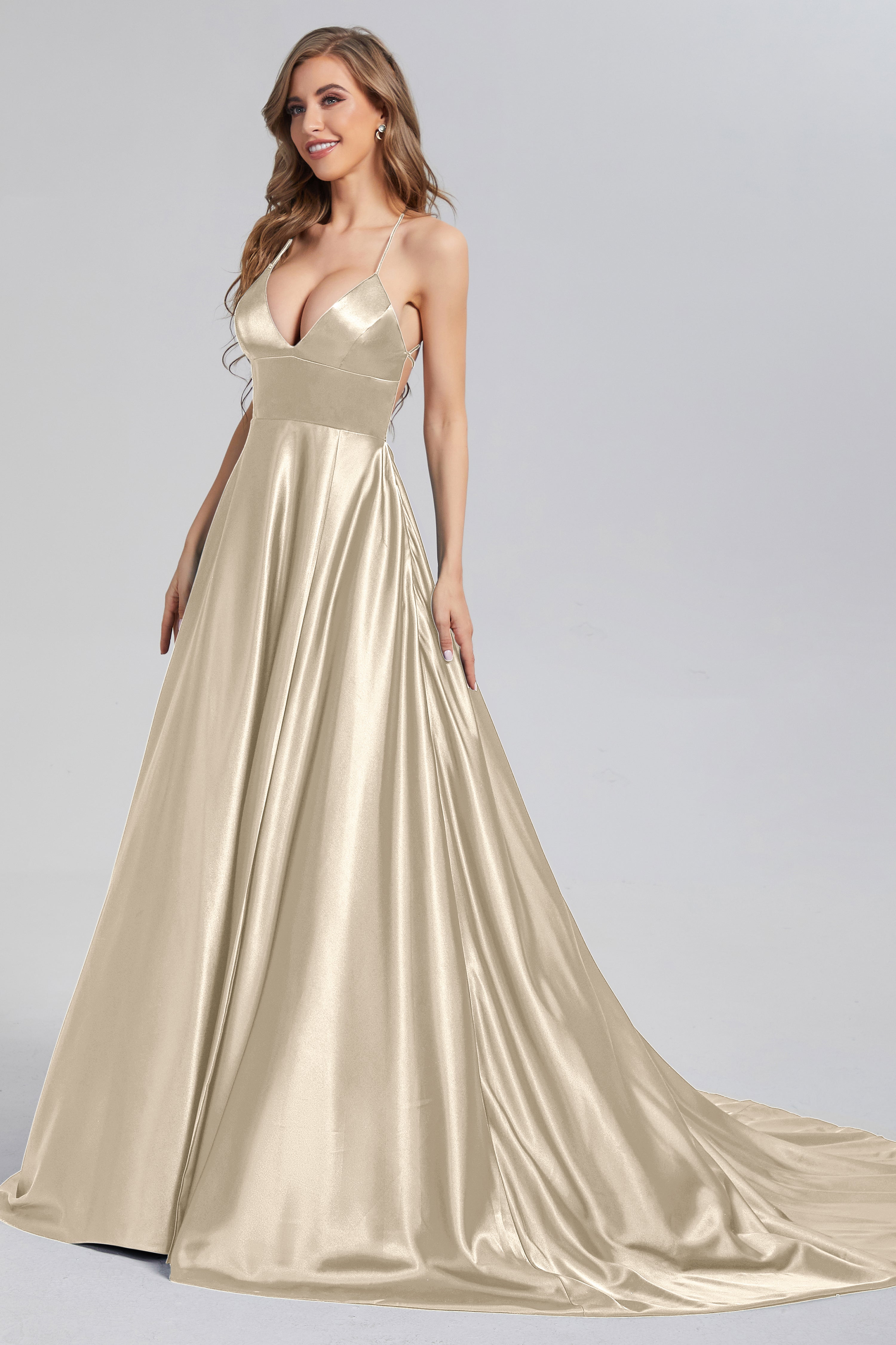 V-neck Split Prom Dresses with Trailing