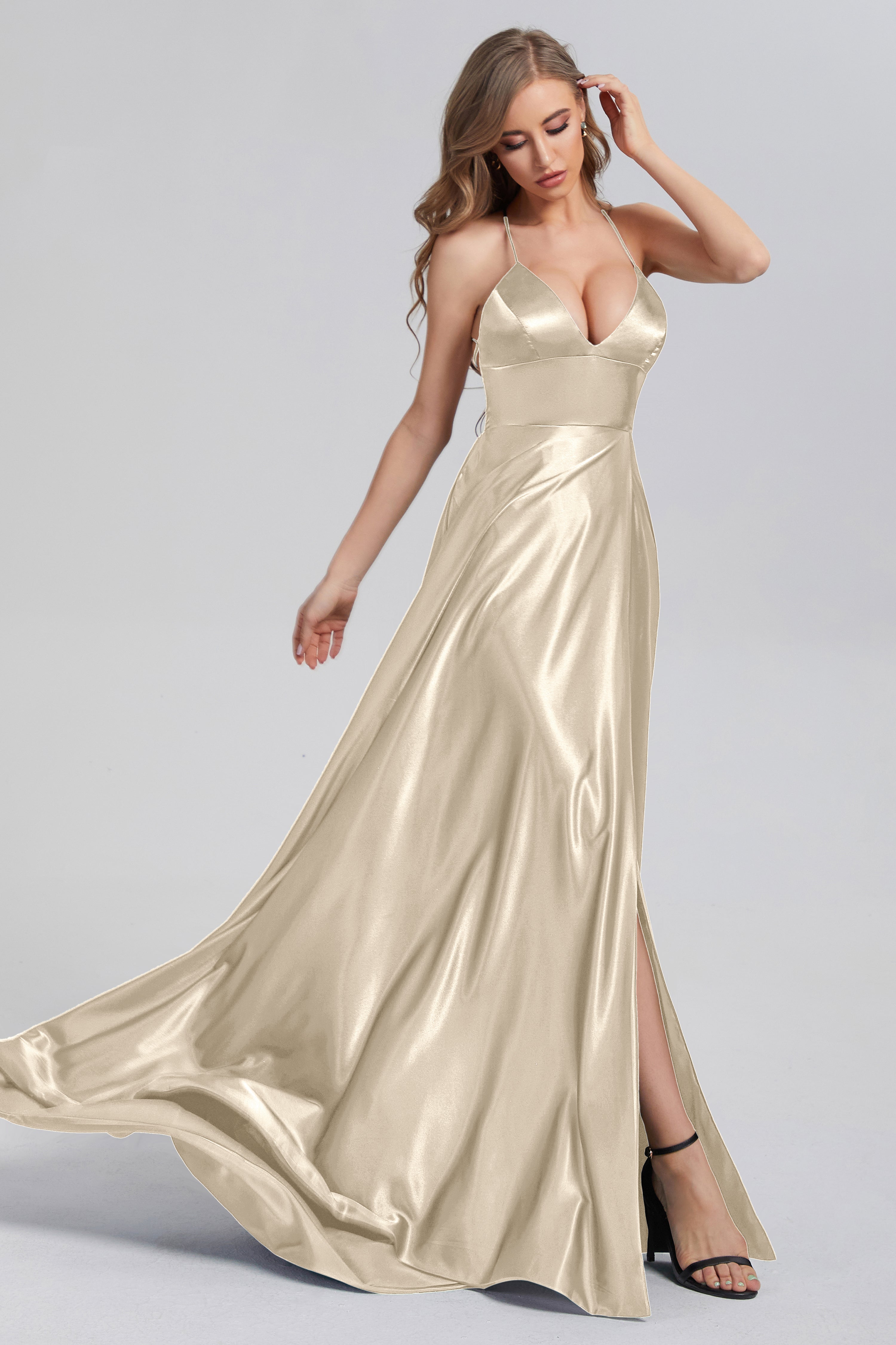 V-neck Split Prom Dresses with Trailing