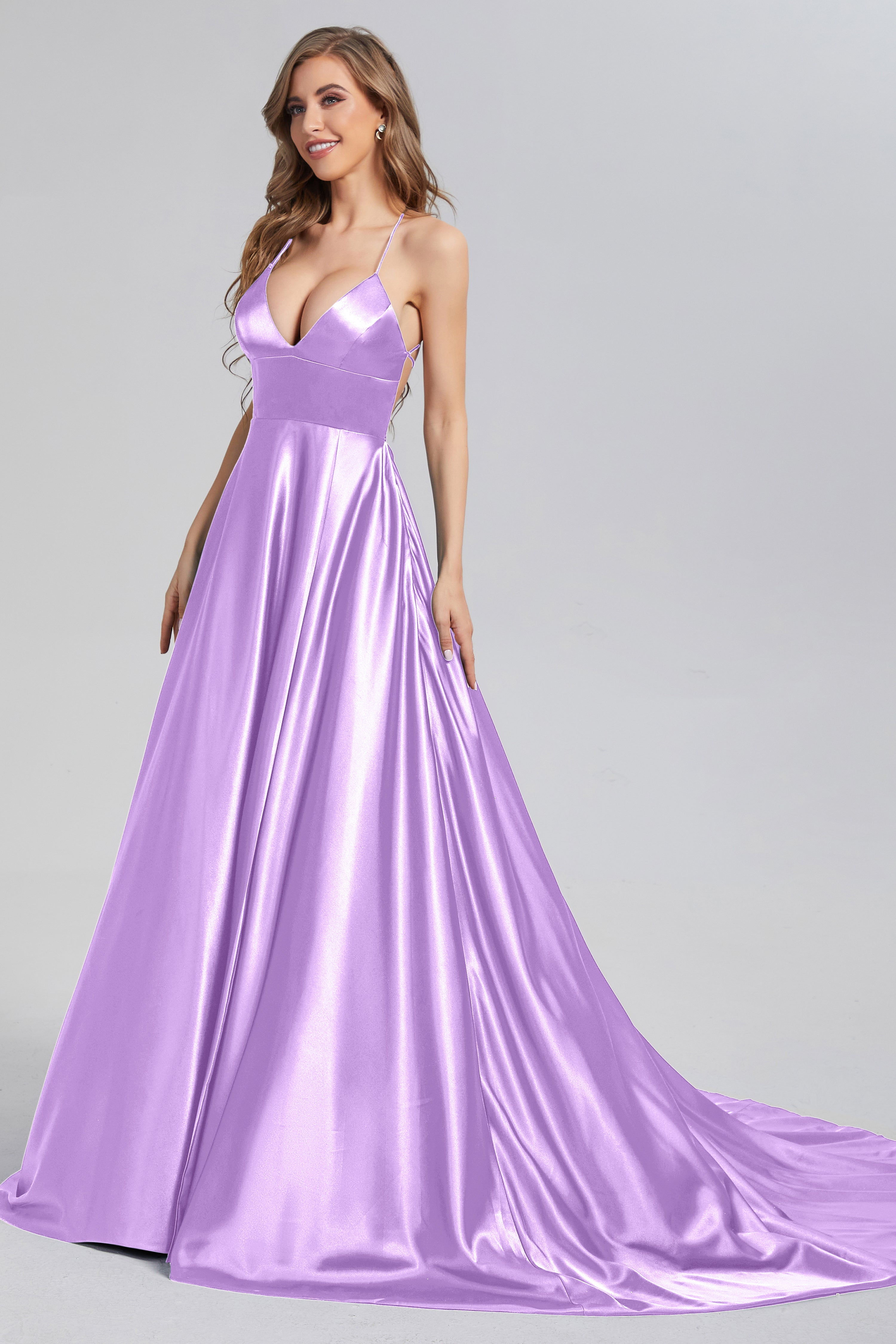 V-neck Split Prom Dresses with Trailing