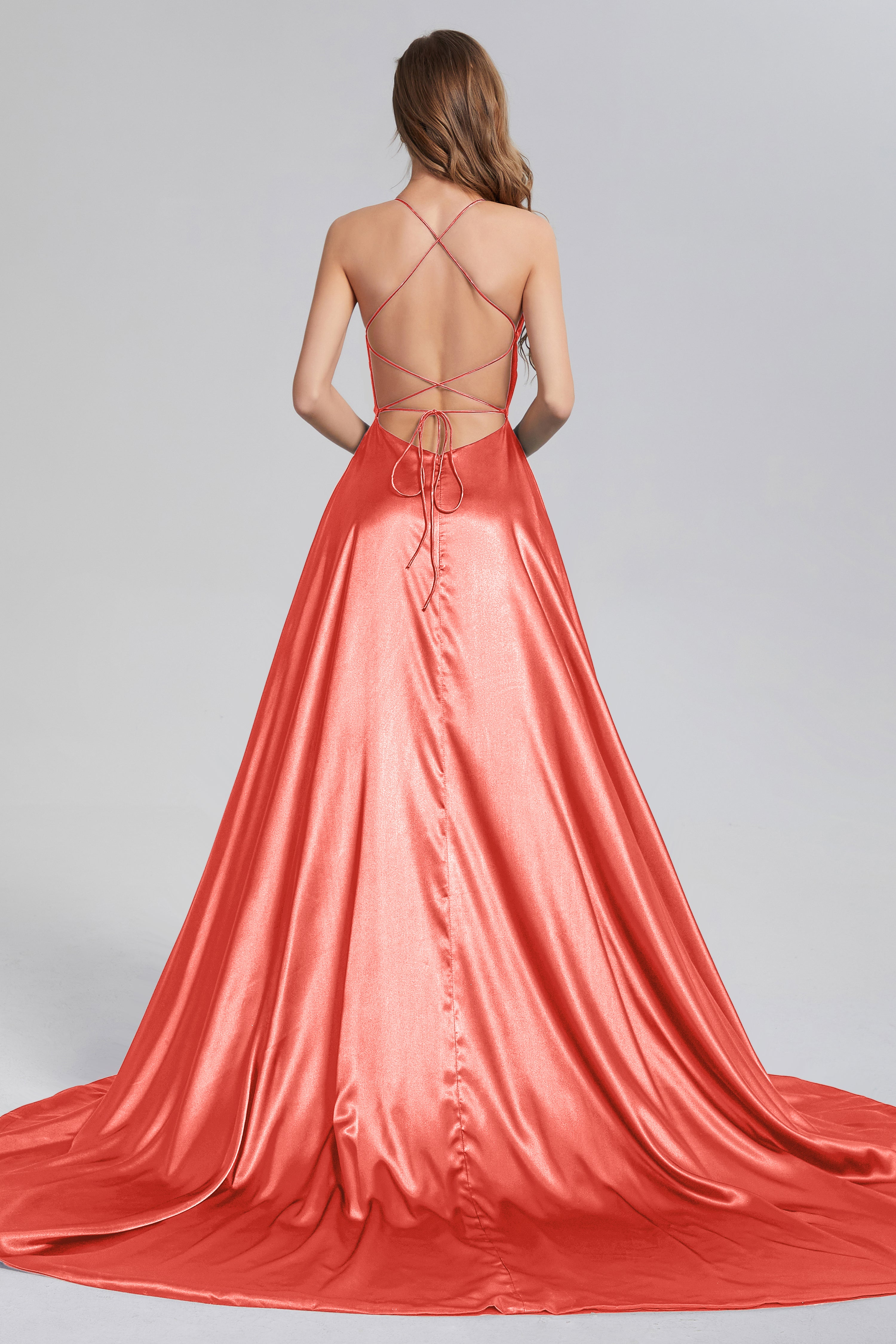 V-neck Split Prom Dresses with Trailing