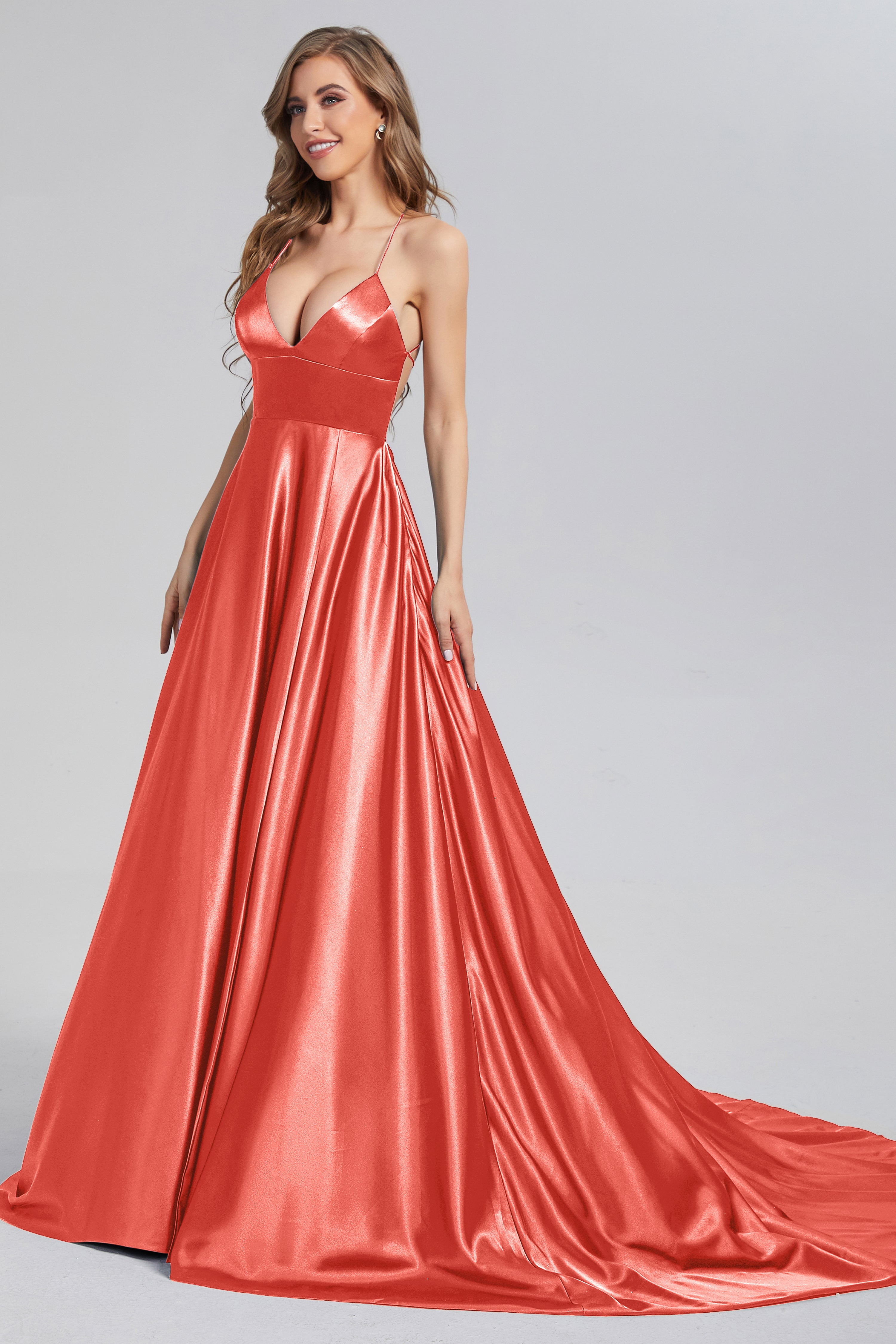 V-neck Split Prom Dresses with Trailing