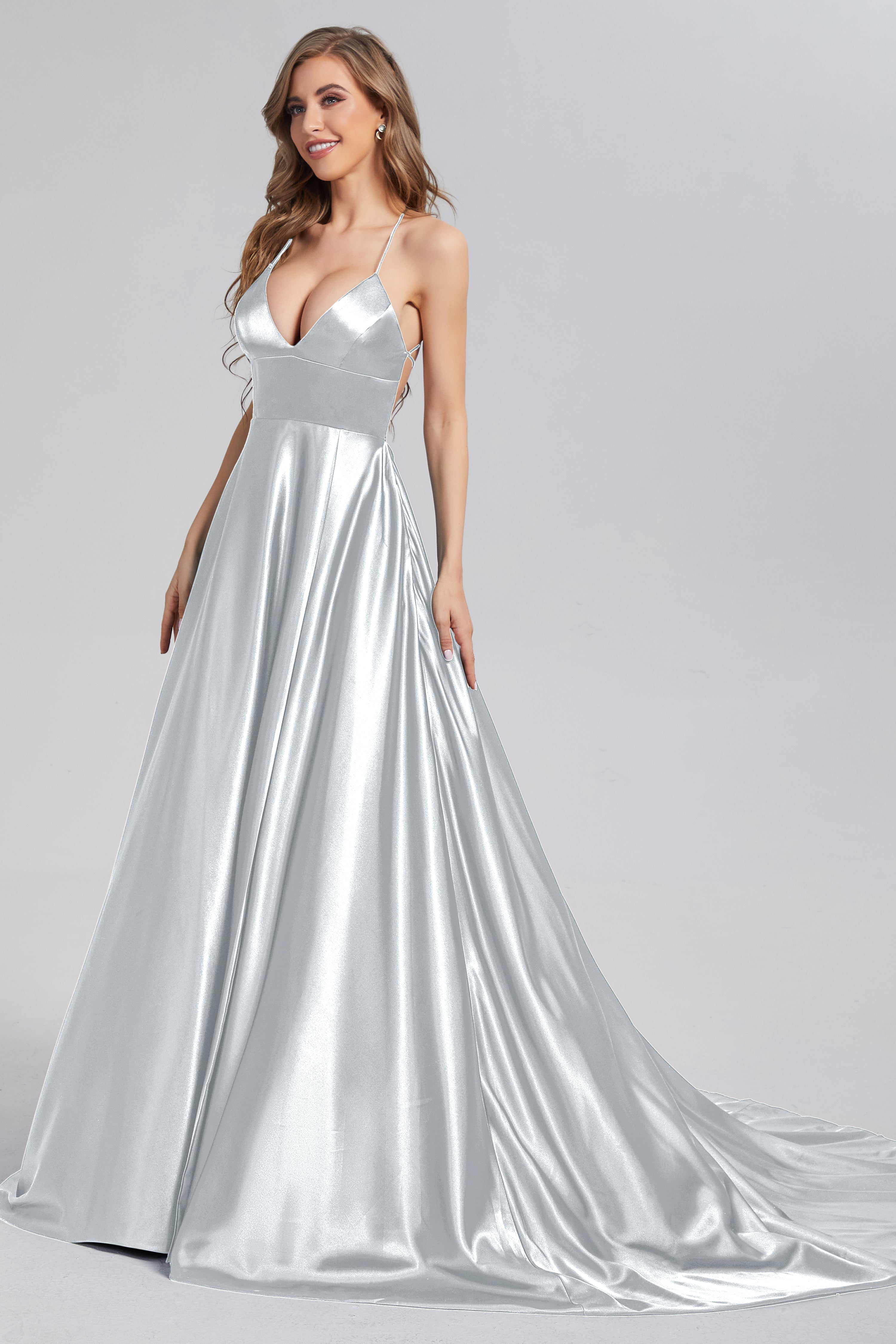 V-neck Split Prom Dresses with Trailing