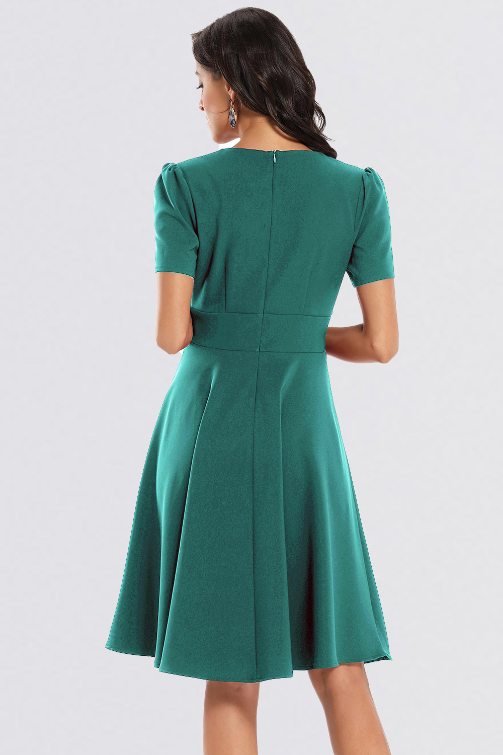 V-neck Zipper Short Sleeve Vintage Dresses