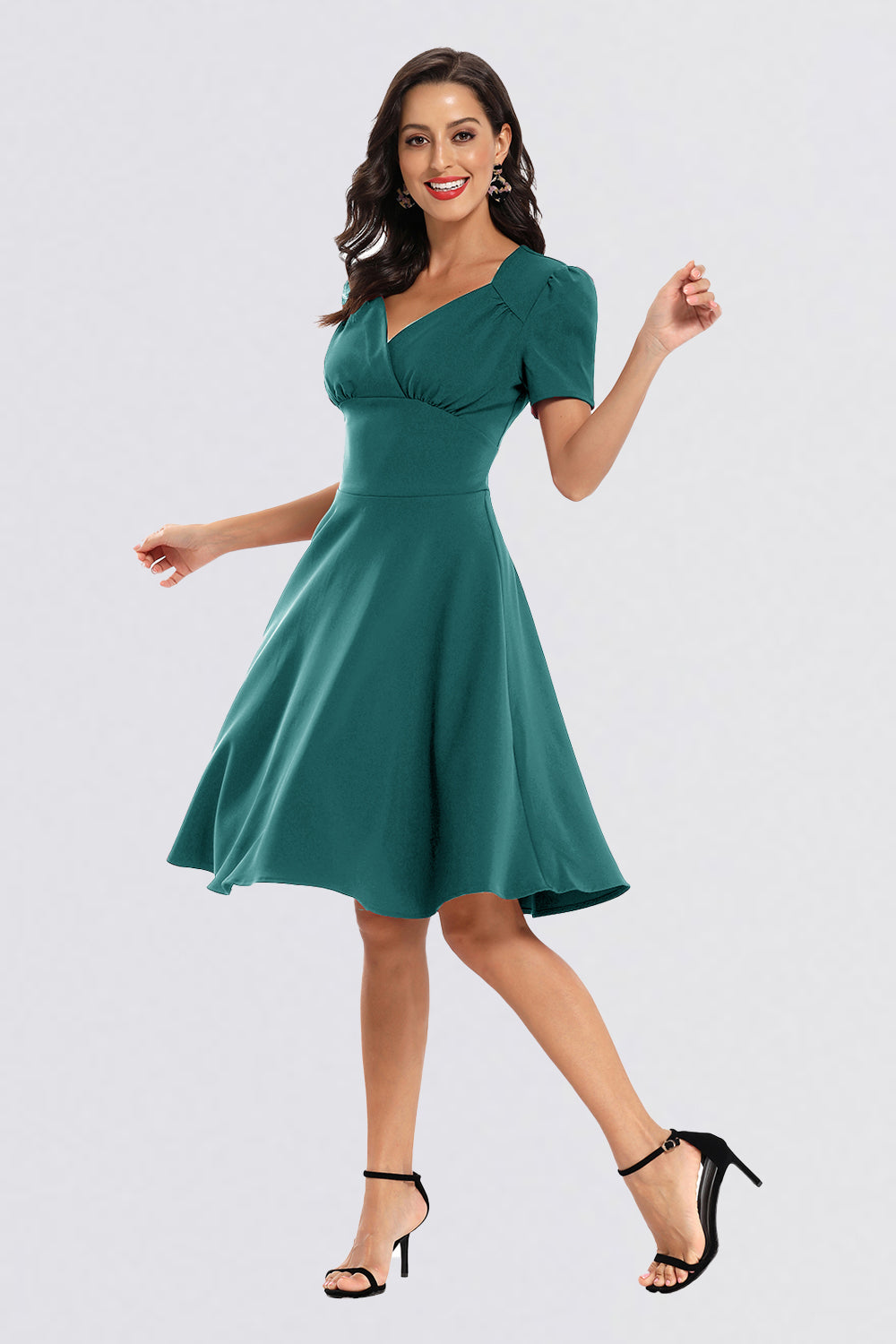 V-neck Zipper Short Sleeve Vintage Dresses