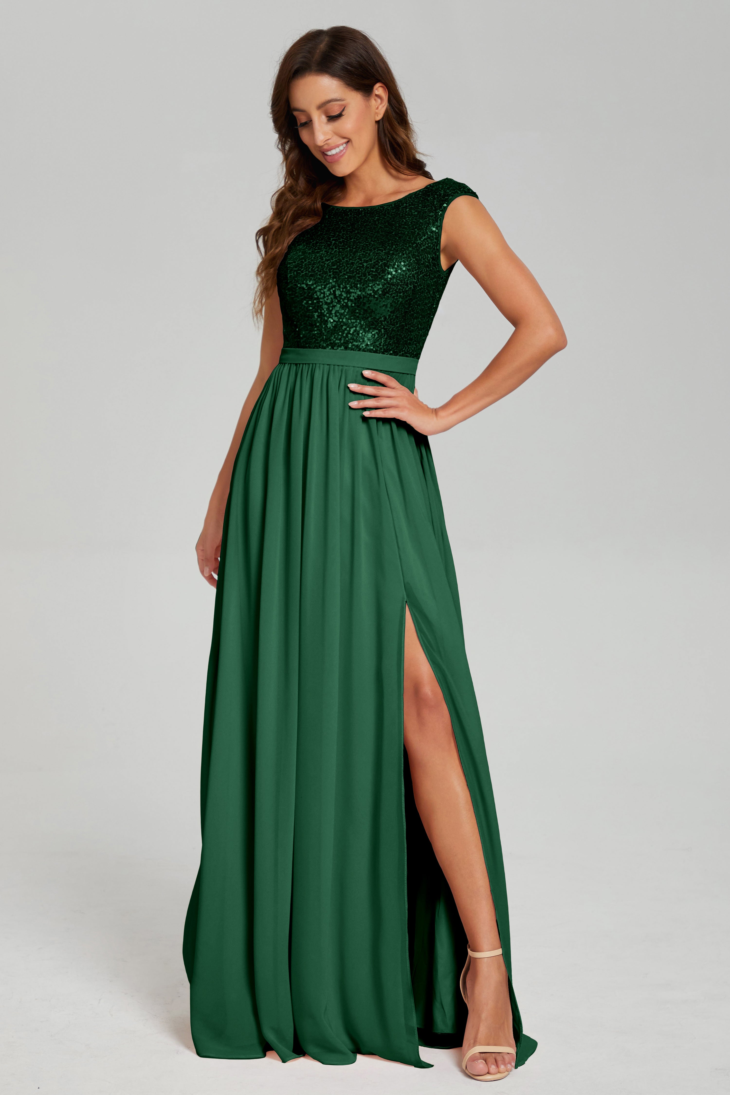 Sequins Bateau Split Prom Dresses