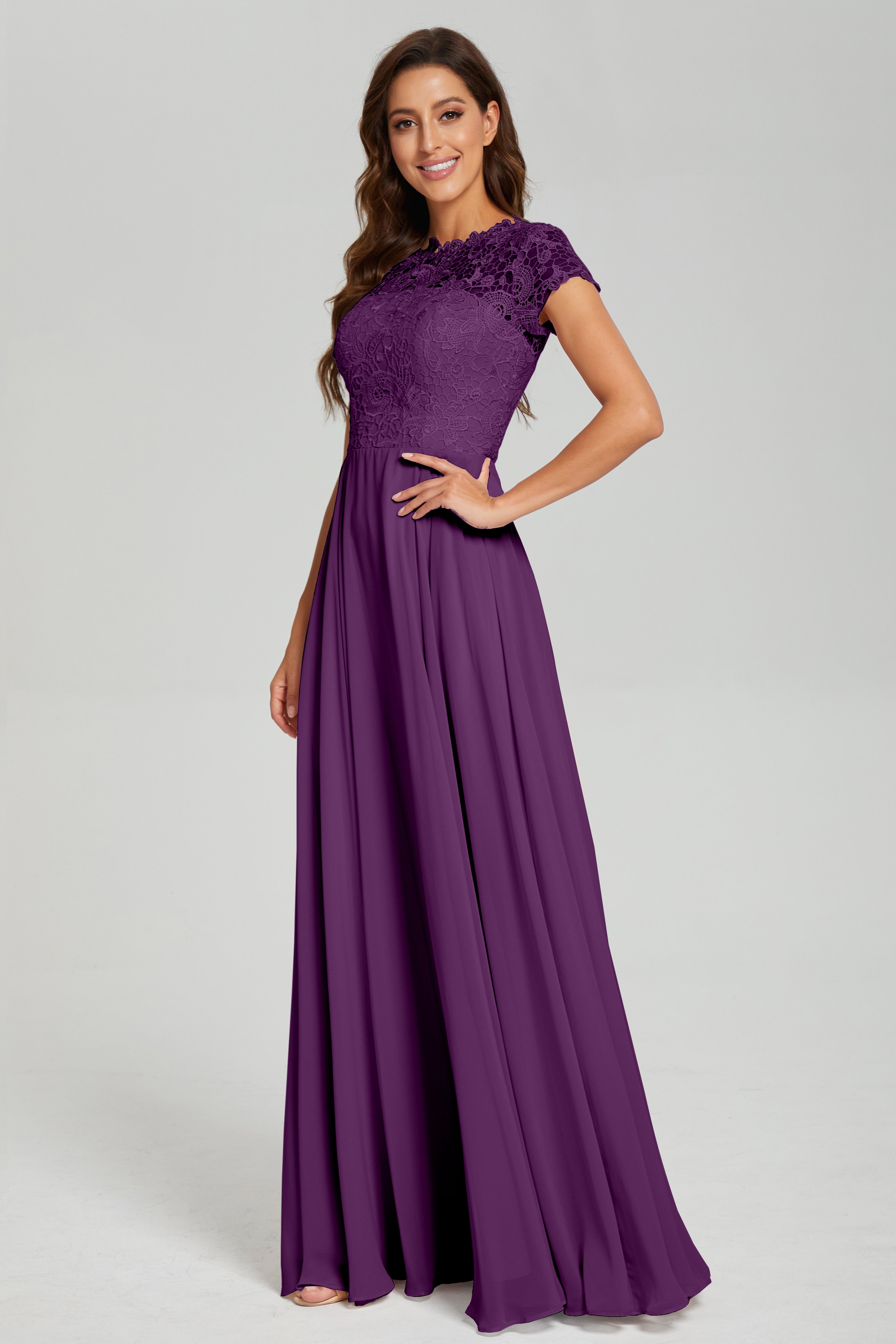 Short Sleeves Chiffon Lace Prom Dresses with Pockets