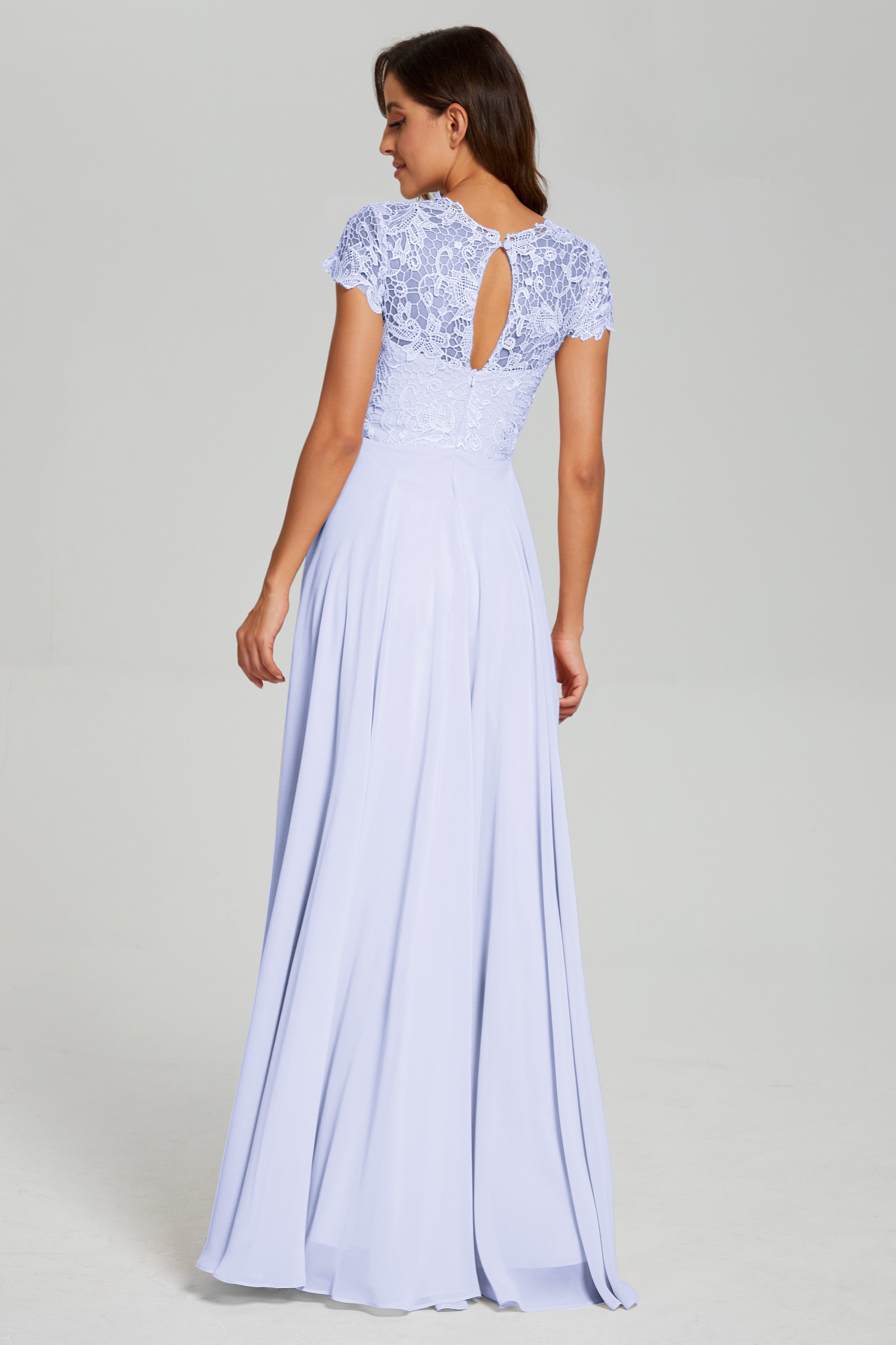 Short Sleeves Chiffon Lace Prom Dresses with Pockets