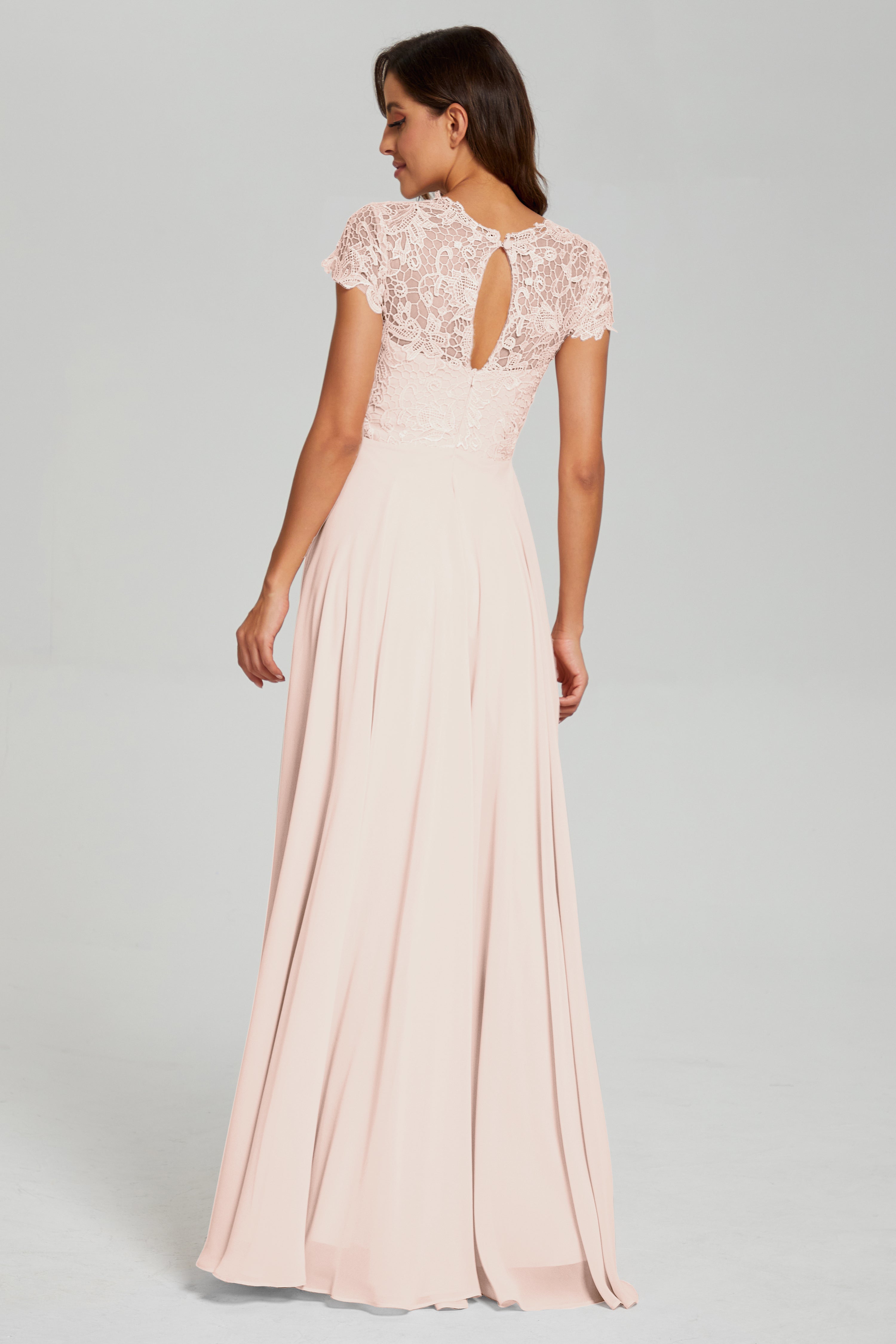 Short Sleeves Chiffon Lace Prom Dresses with Pockets