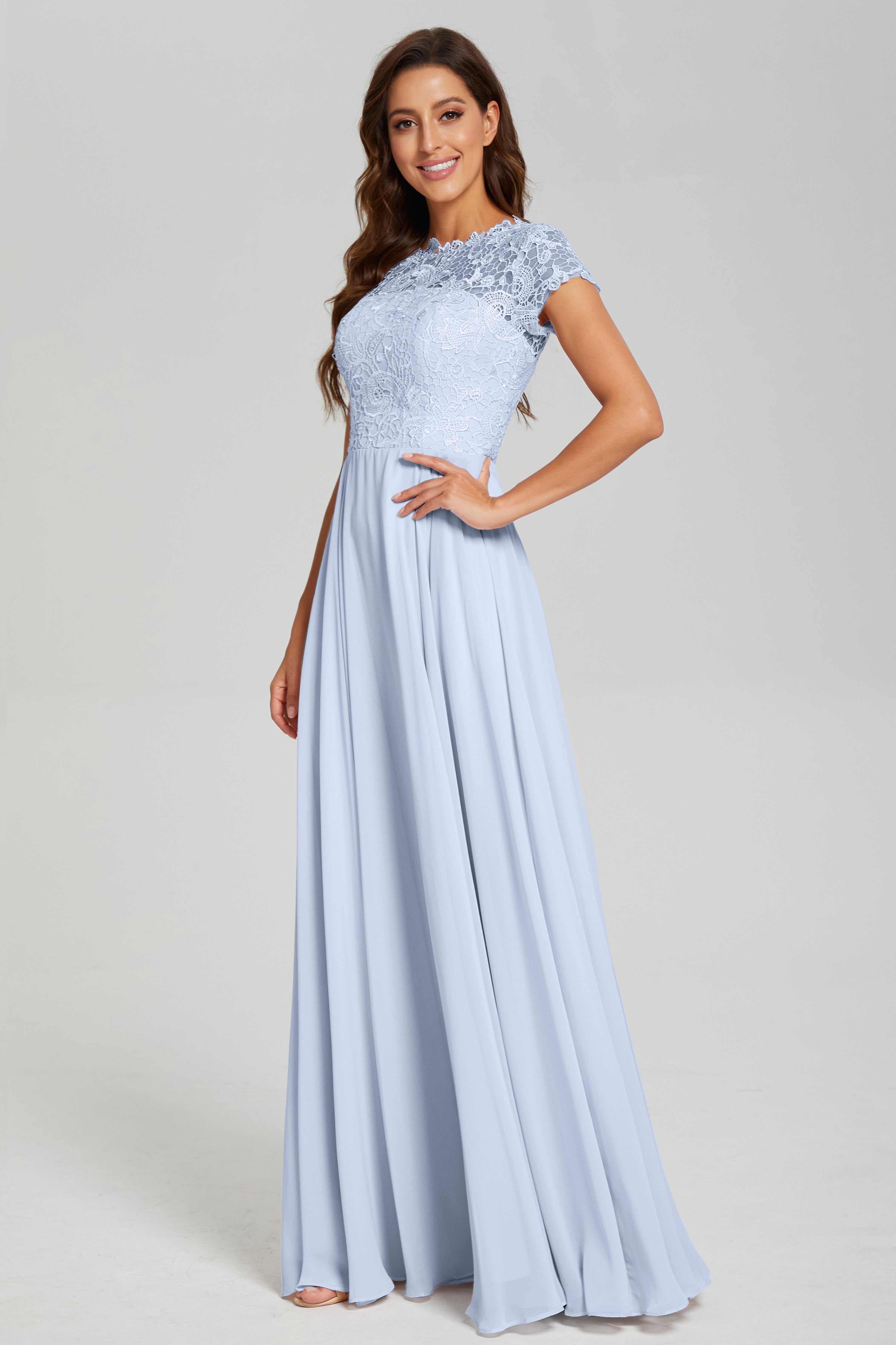 Short Sleeves Chiffon Lace Prom Dresses with Pockets