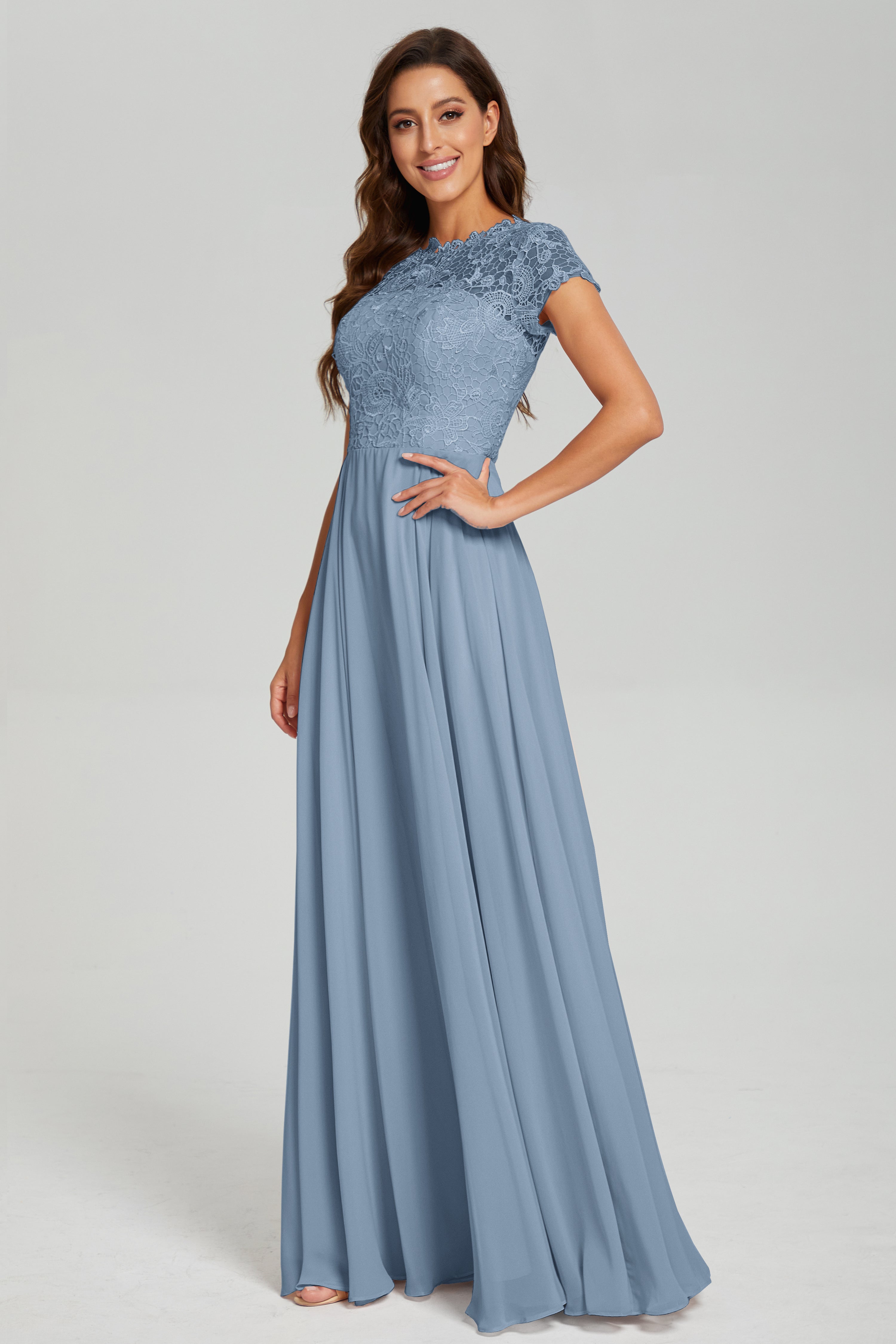 Short Sleeves Chiffon Lace Prom Dresses with Pockets