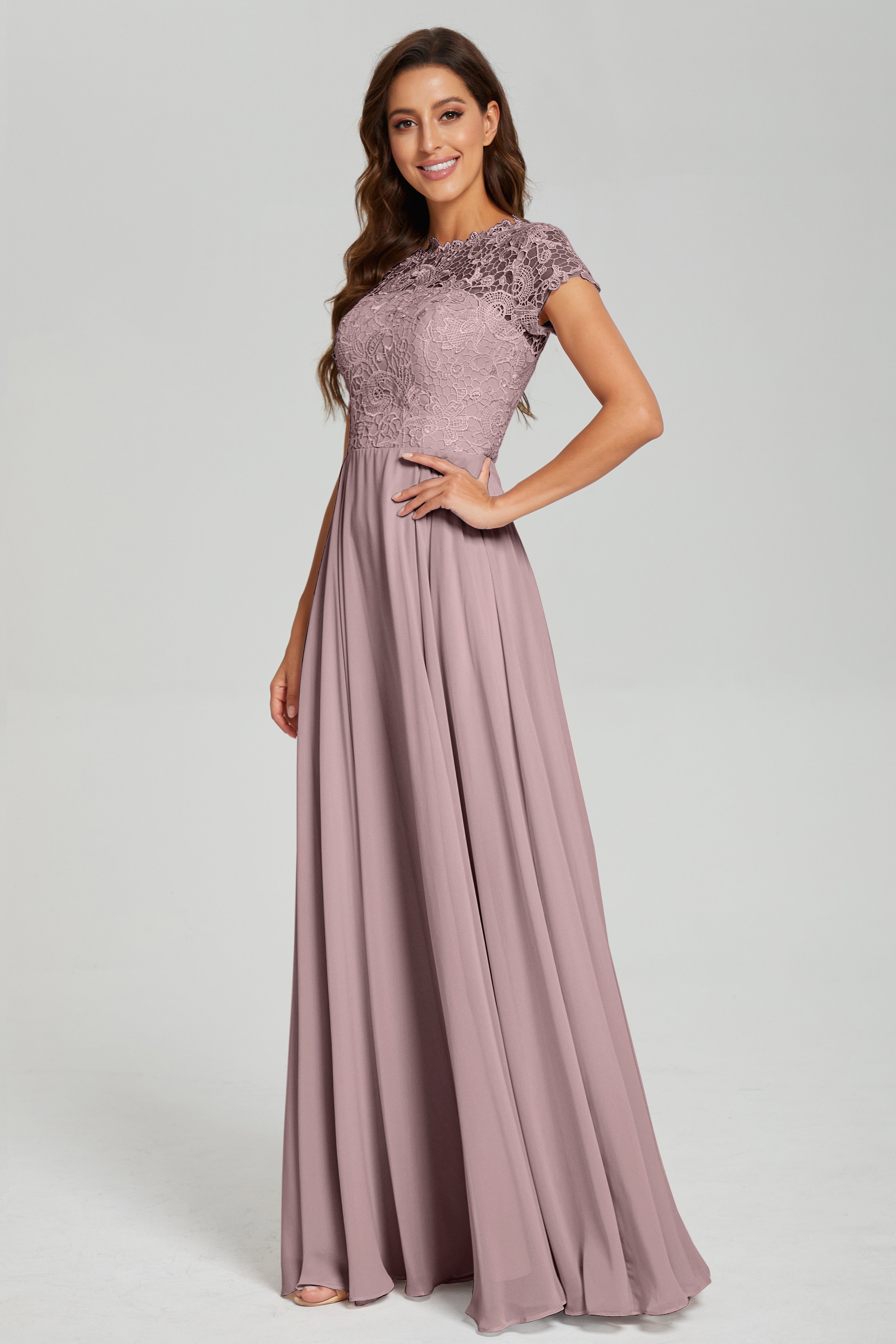 Short Sleeves Chiffon Lace Prom Dresses with Pockets