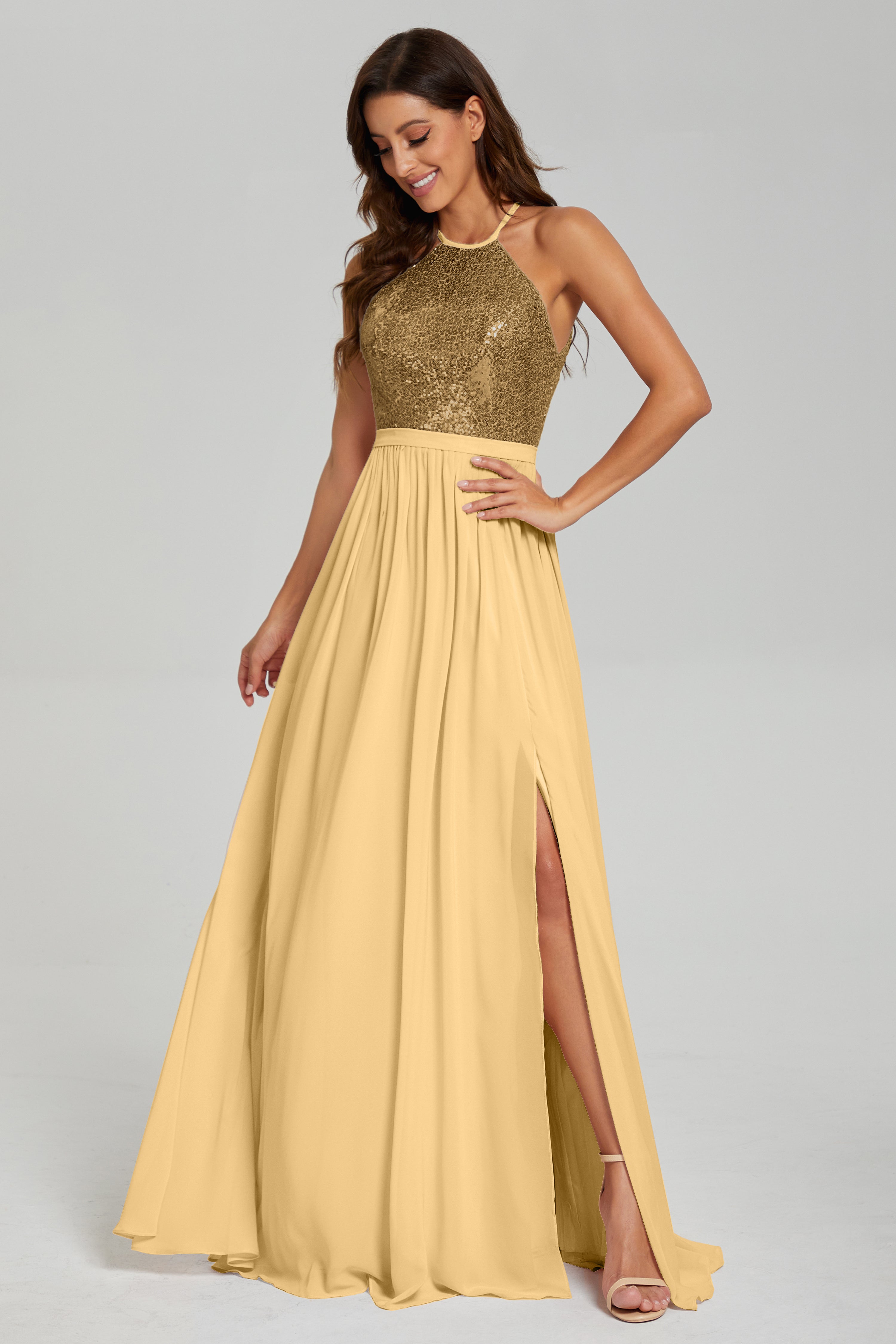 Split Halter Sequins Prom Dresses