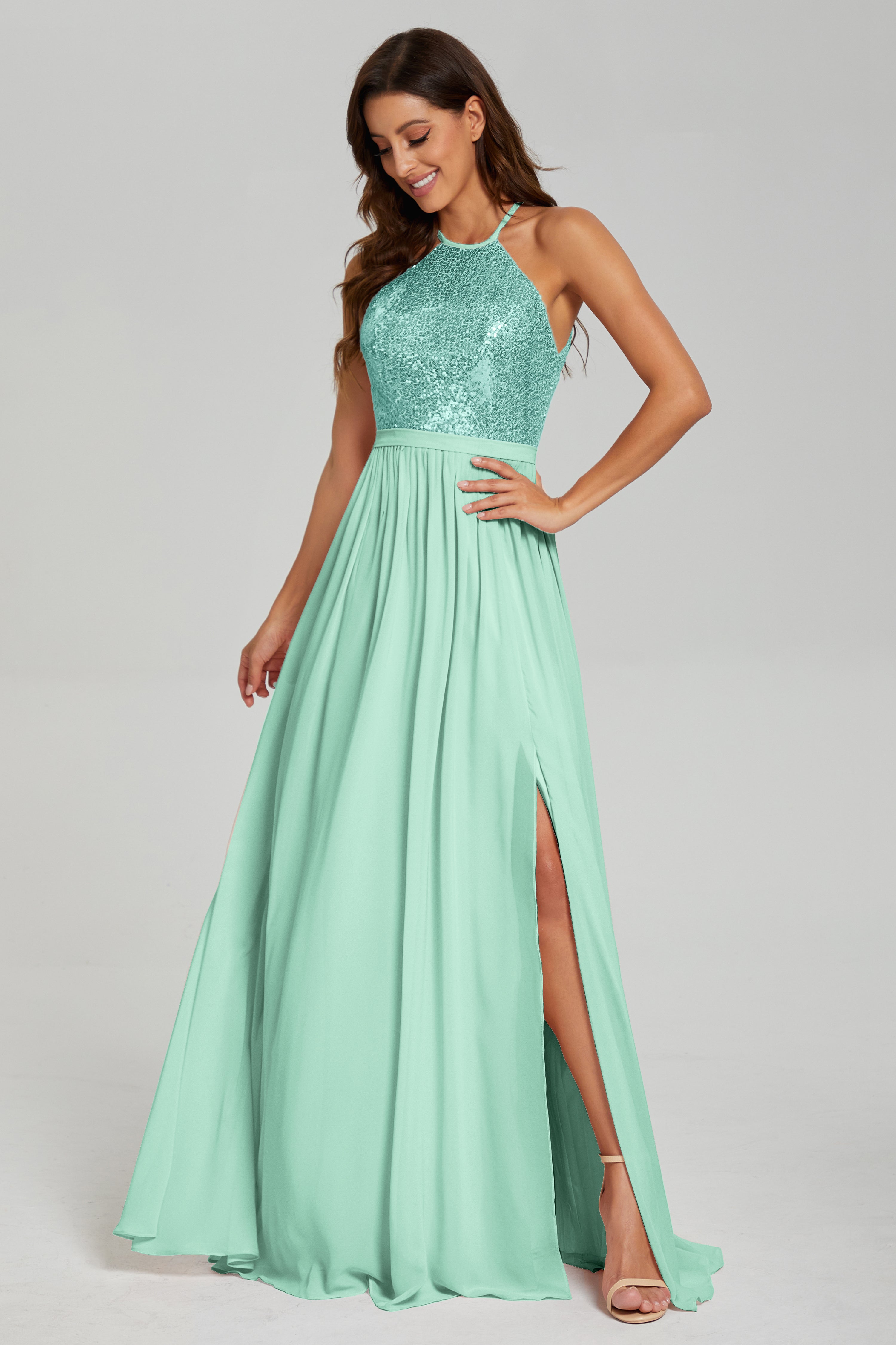 Split Halter Sequins Prom Dresses