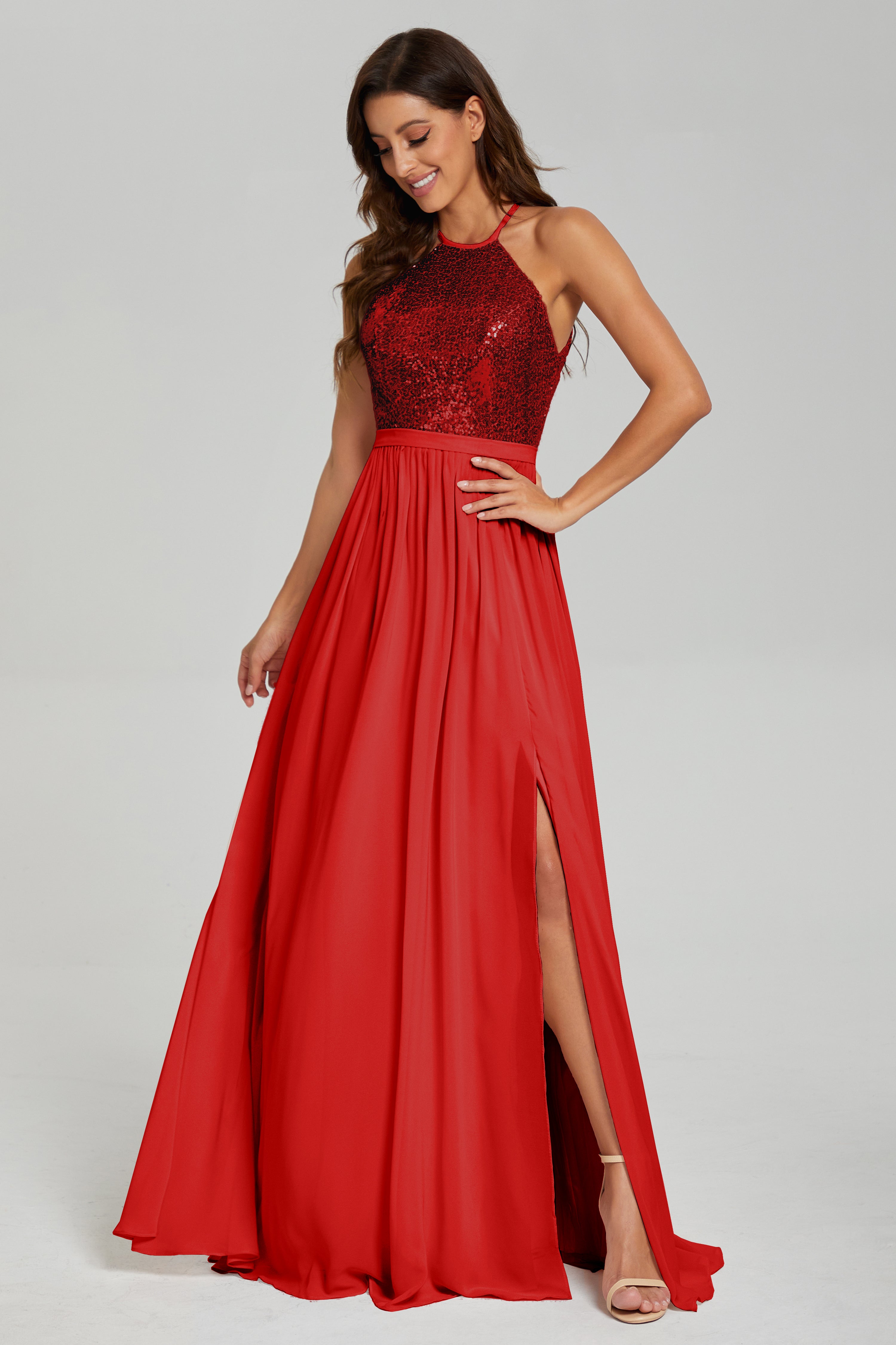 Split Halter Sequins Prom Dresses