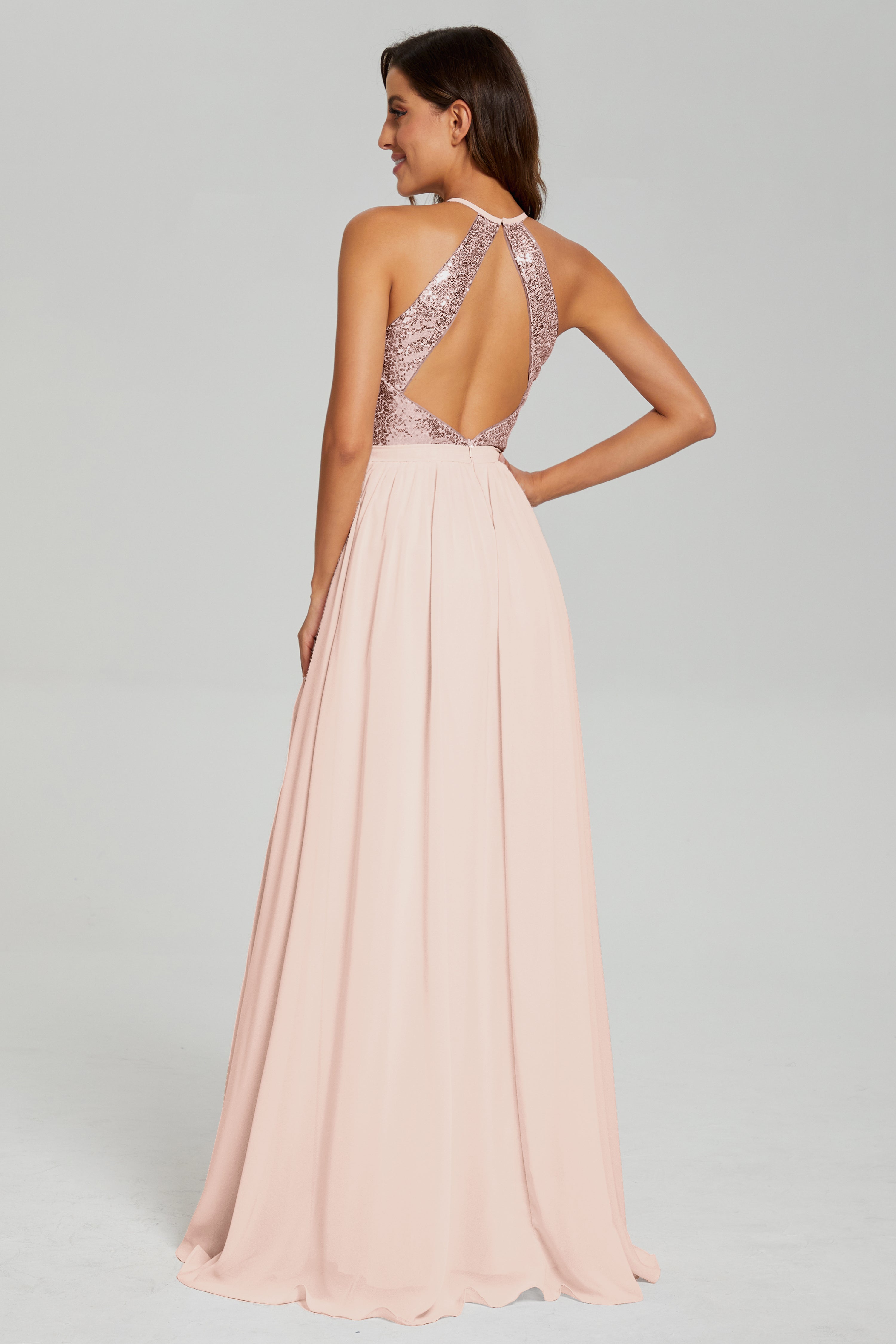 Split Halter Sequins Prom Dresses