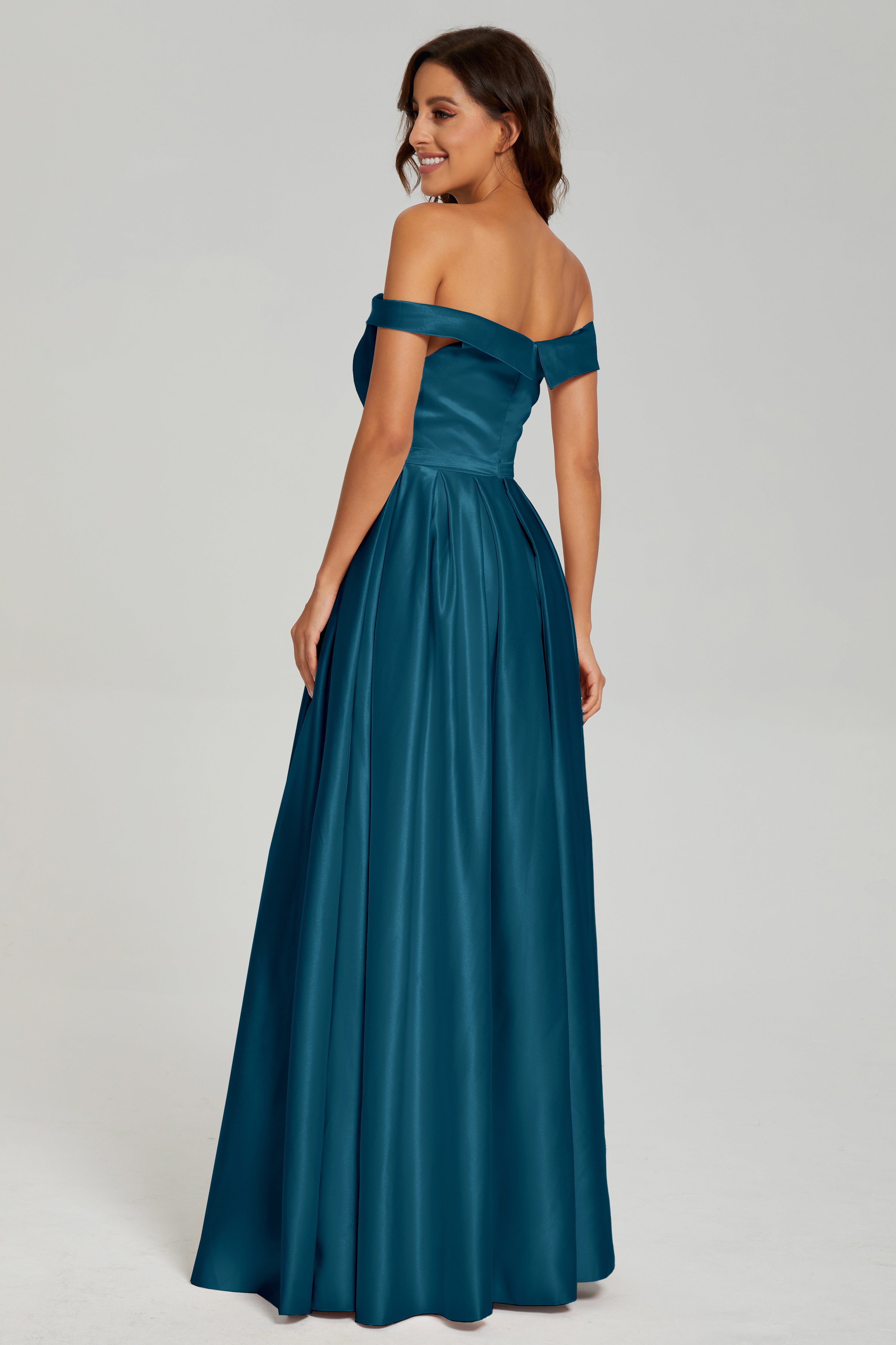 Split Off the Shoulder Satin Prom Dresses