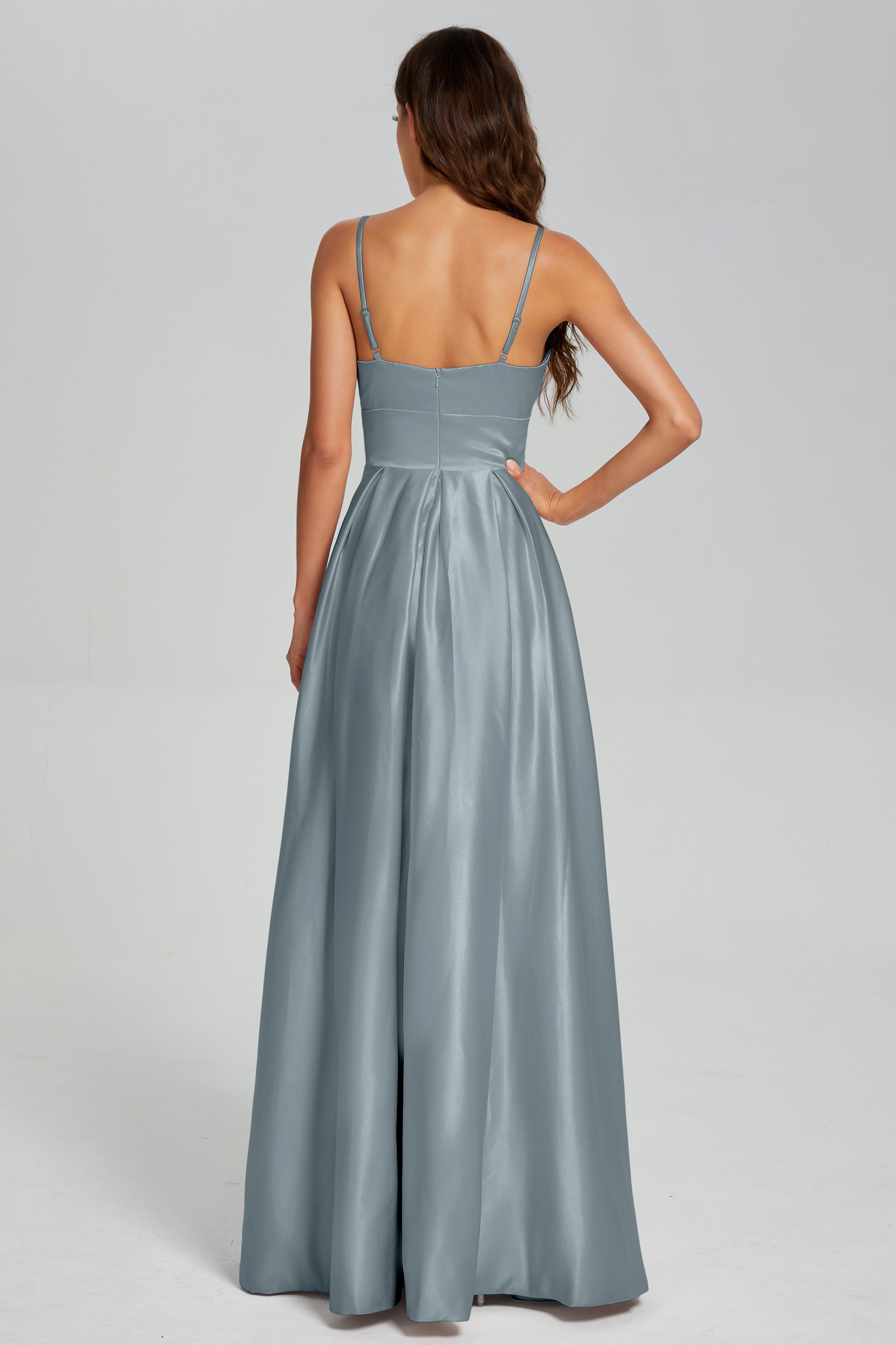 V-neck Spaghetti Straps Satin Prom Dresses