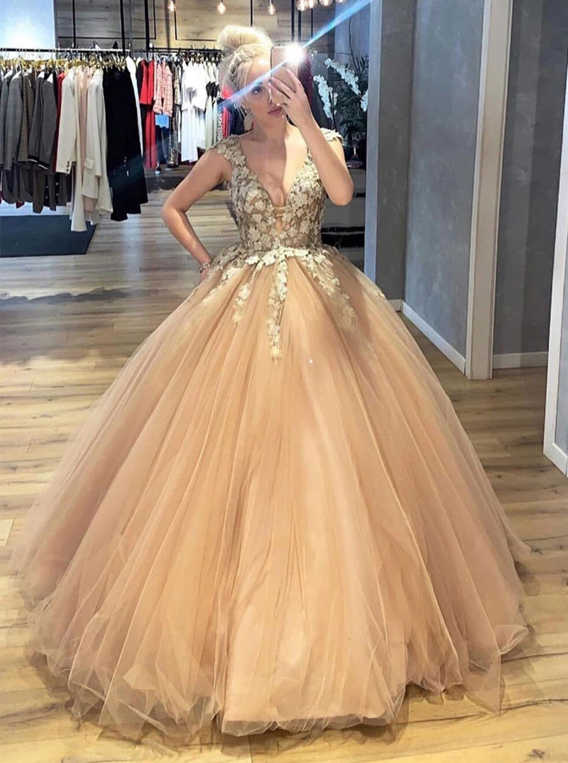 A-line V-neck Ball Gown Appliques Long Quinceanera Dresses