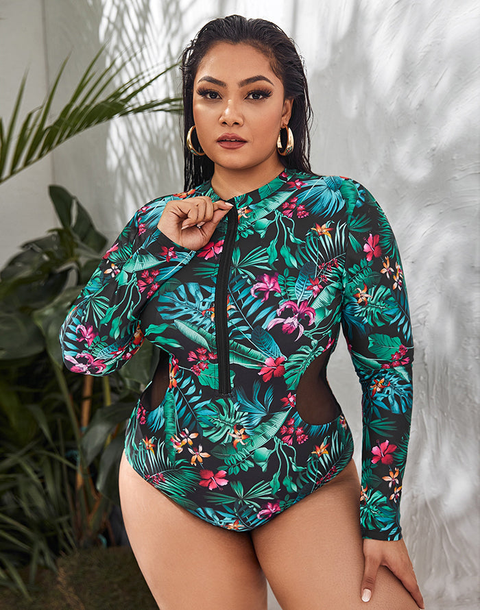 Savaviaswim - Palm Leaves Color High Neckline Long Sleeve Zipper One Piece Swimsuit